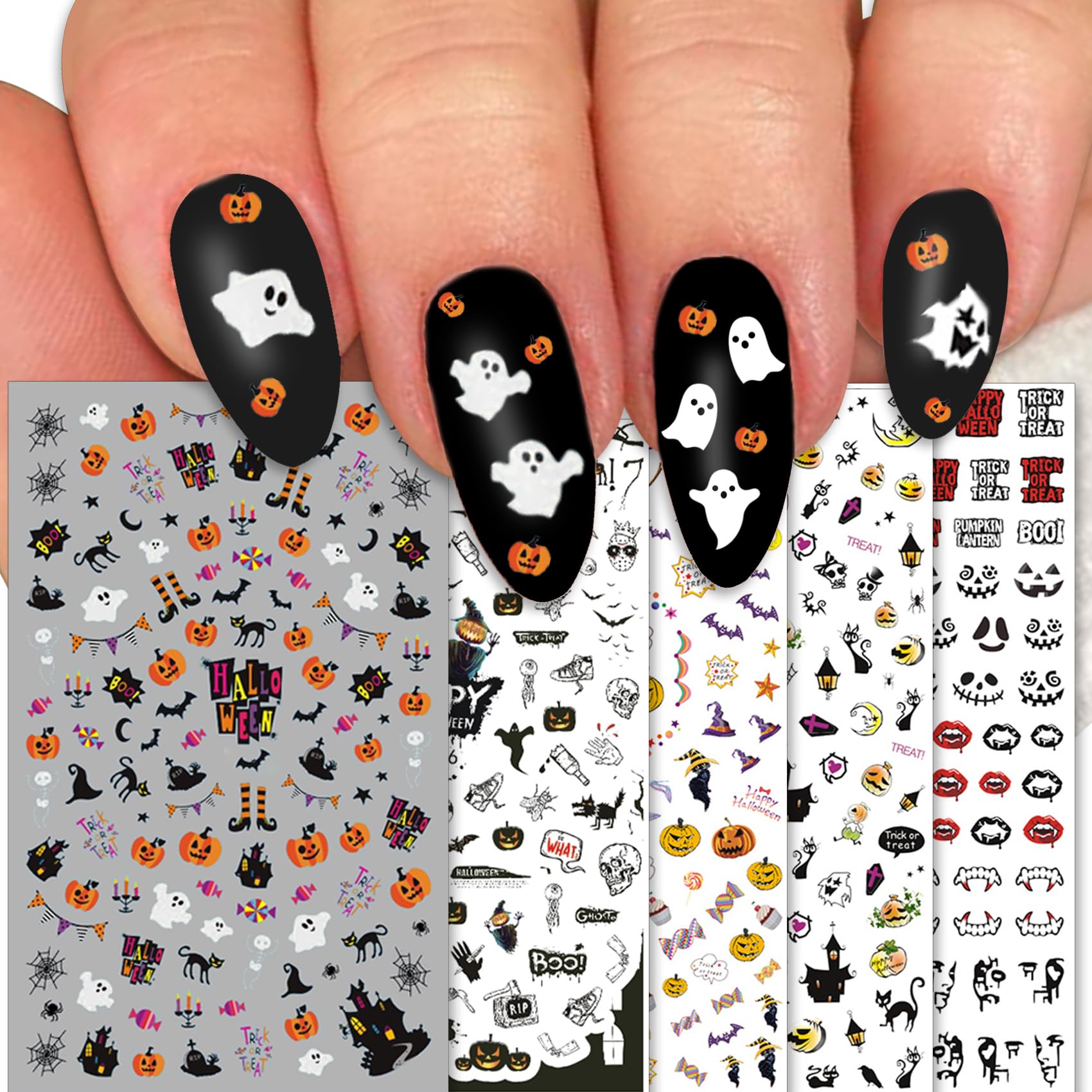 TailaiMei 1500 Pcs Halloween Nail Decals Stickers, 12 Sheets Self-Adhesive DIY Nail Art Tips Stencil for Halloween Party, Include Pumpkin/Bat/Ghost/