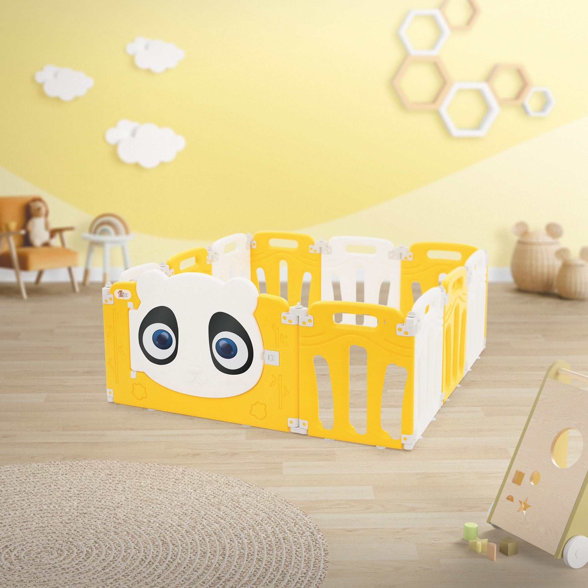 Joyz Box Bambini 120x120 cm Pieghevole Design Panda Bianco/Giallo Cancelletto con Porta e Orologio Didattico Recinto in Plastica per Interni/Esterni Cancelletto per l’Esplorazione dei Neonati
