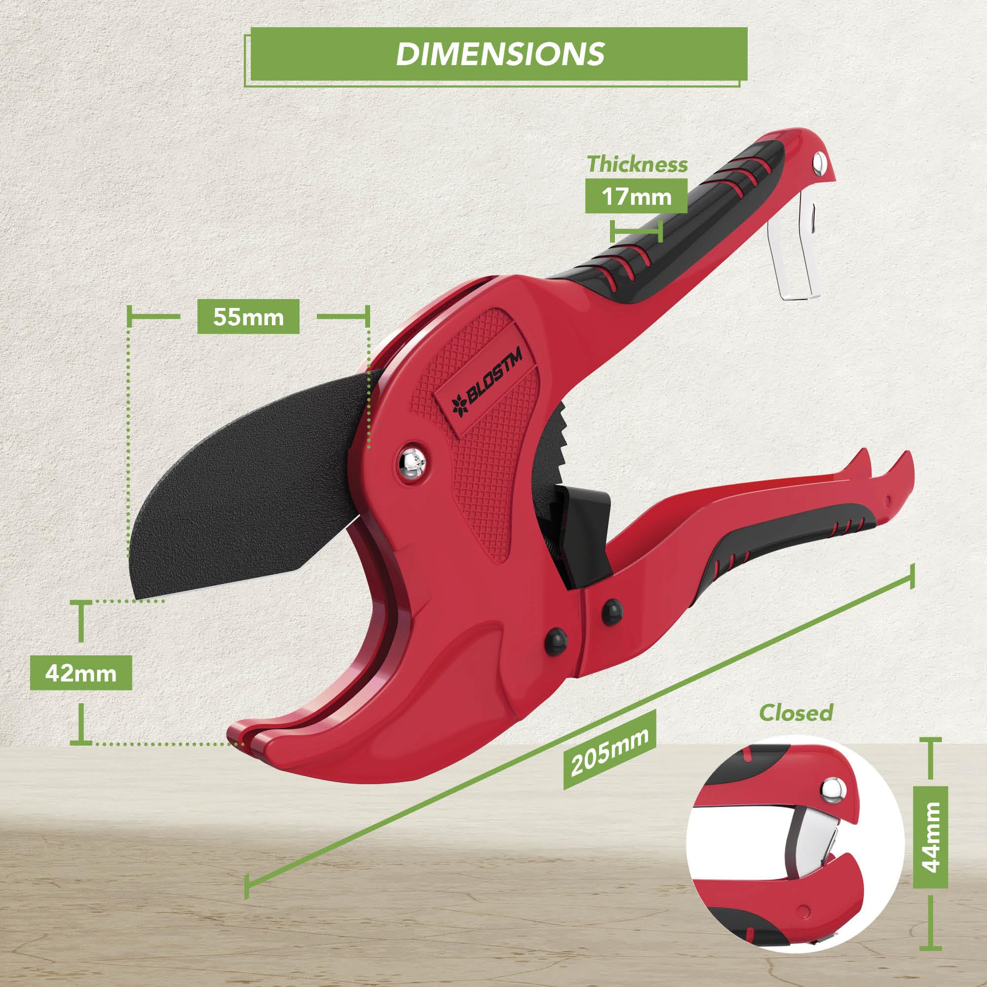 BLOSTM Tagliatubi a cricchetto 42 mm per tubi plastica PVC PEX PPR rosso