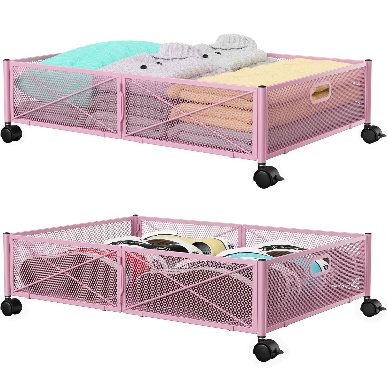 Under the Bed Storage Containers with Wheels, Under Bed Storage, Under Bed Shoe Storage Organizer Drawer, Tool-free Assembly Metal Underbed Storage Containers -Pink