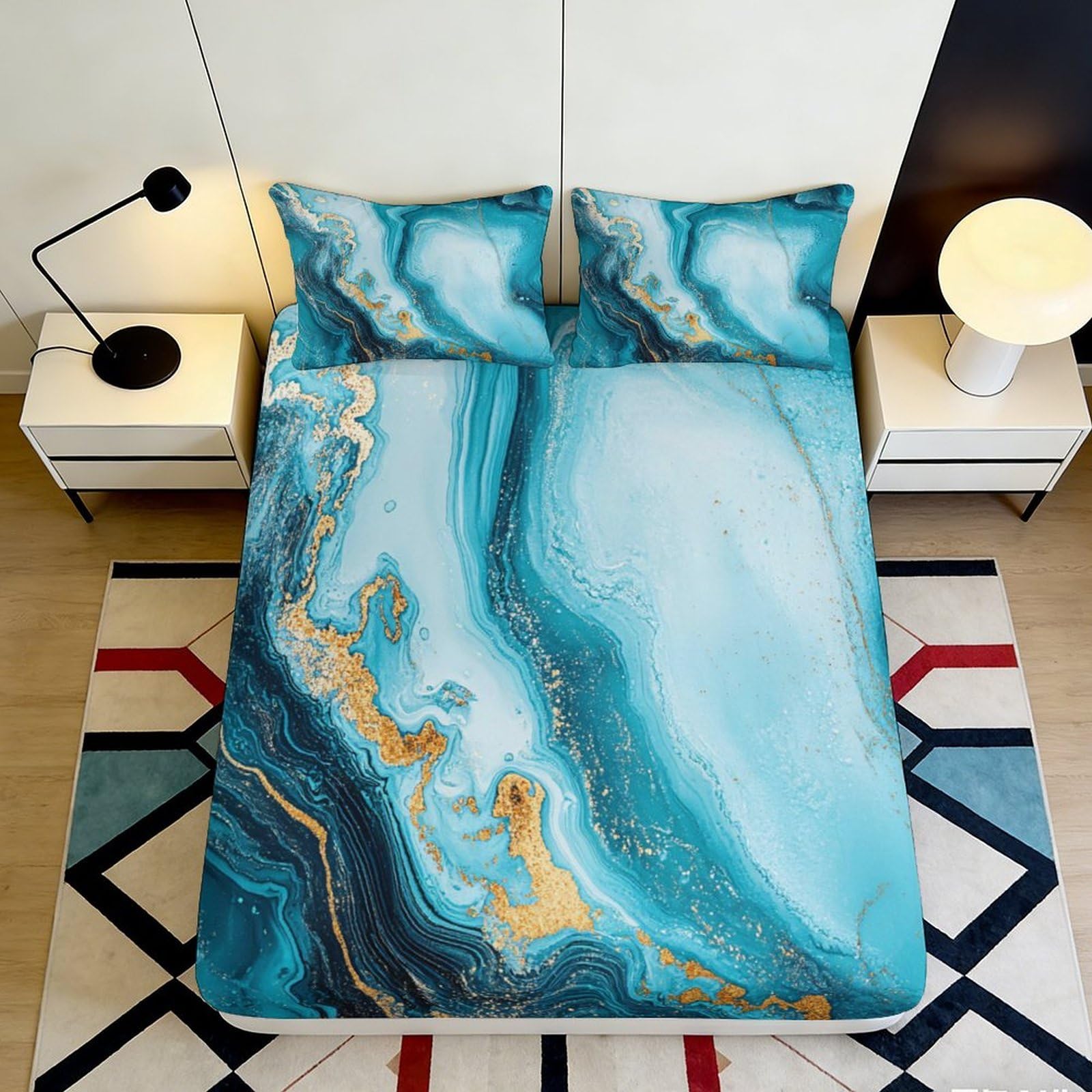 3D Printed Ocean Wave Fitted Sheet Microfiber Soft Blue Marble Mattress Cover Bedroom Dorm Bed Protection Decor 120x200x25cm