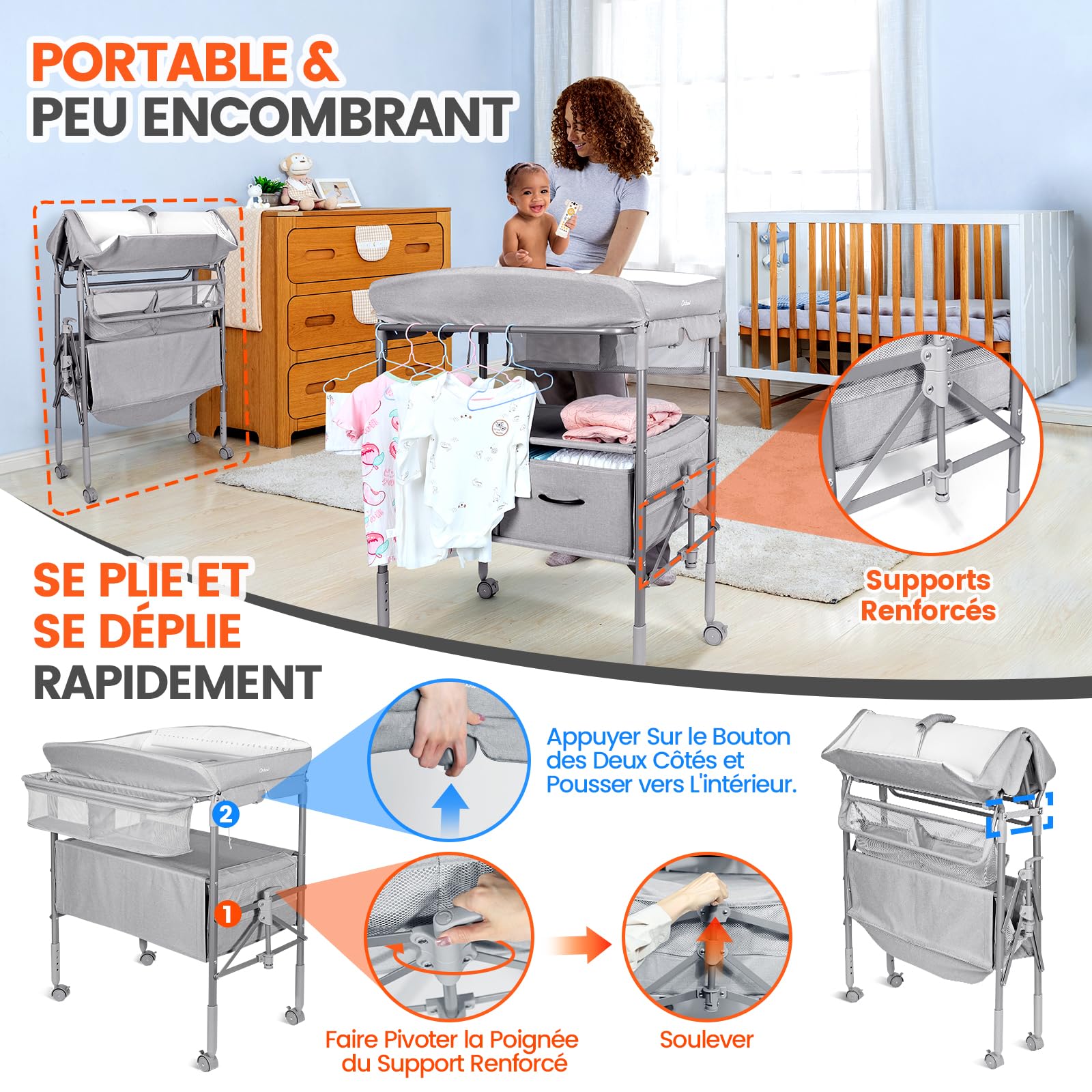 Table a Langer Bebe avec Tiroir et Veilleuse, Table à Langer Pliable à Hauteur Réglable avec Sangle de Sécurité, Espace de Stockage Extra Large, Mobile Commode a Langer Bebe, Gris