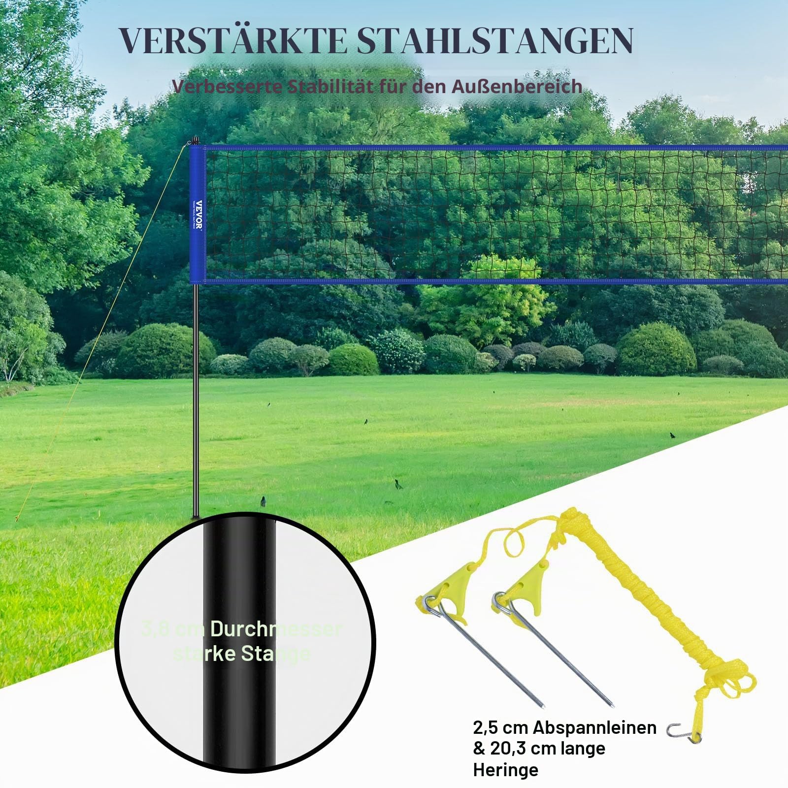 VEVOR Höhenverstellbares Volleyballnetz Set, 9,7 x 2,4 m Tragbarer Beachvolleyball-Netz, Blau Faltbar Mit Volleyball & Tragetasche, Für Garten, Strand