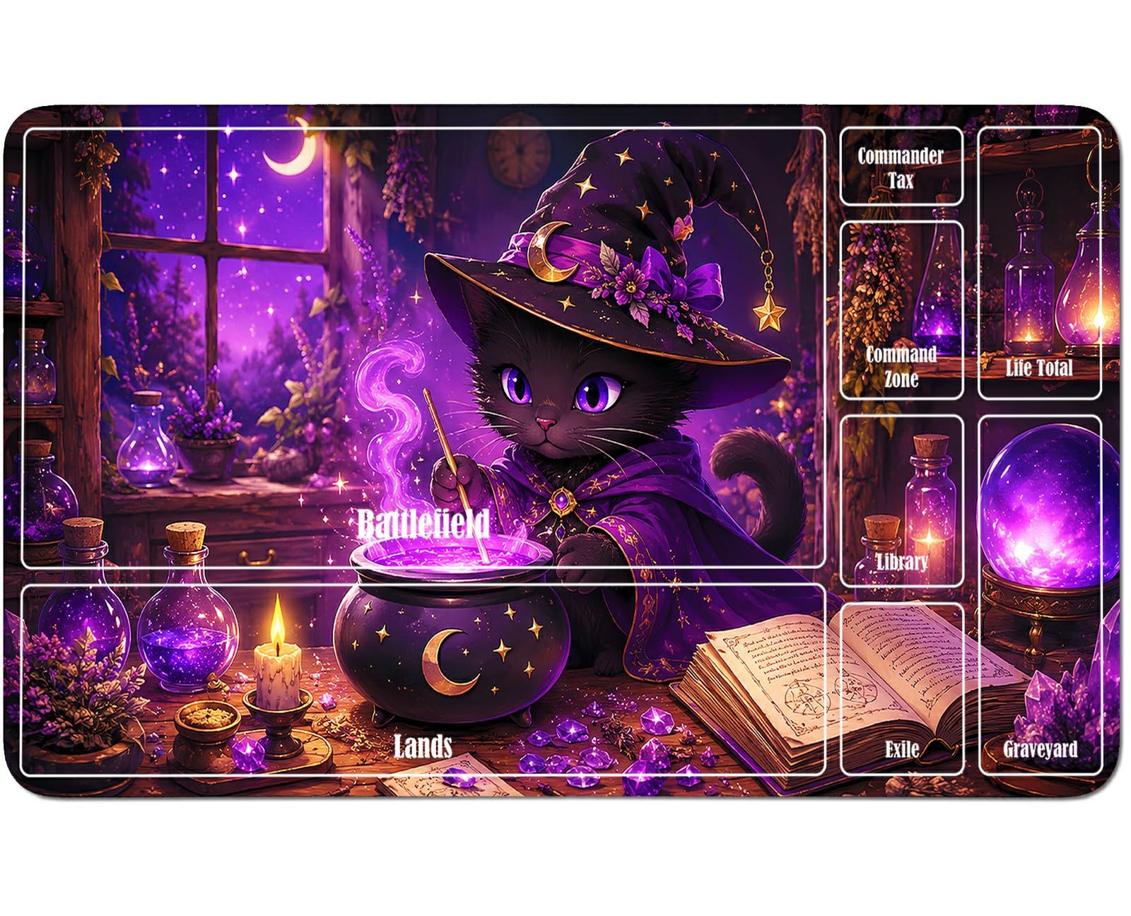 RWUTYTIUL Purple Bottle Cat for MTG Playmat 24 X 14 Inch, Stitched Card Game Mat for Commander Board TCG RPG CCG Desktop Tablet Mouse Pad for Enthusiasts Playing Accessories — image 1