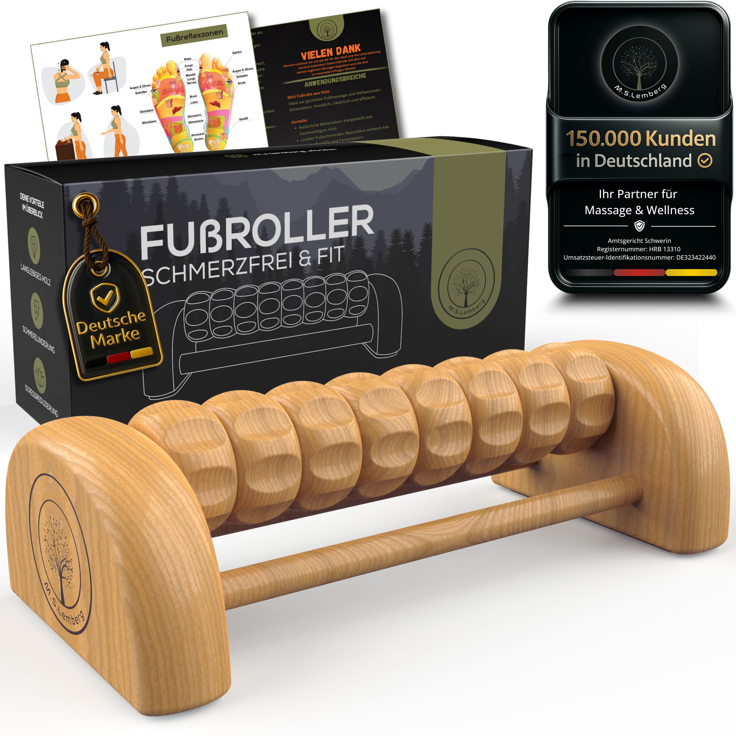 M.S.Lemberg Rodillo de masaje para pies de madera, agradable masaje de pies: contra espolones calcáneos, fascitis plantar, reflexologÃa del pie, rodillo de masaje para pies, masajeador de pies