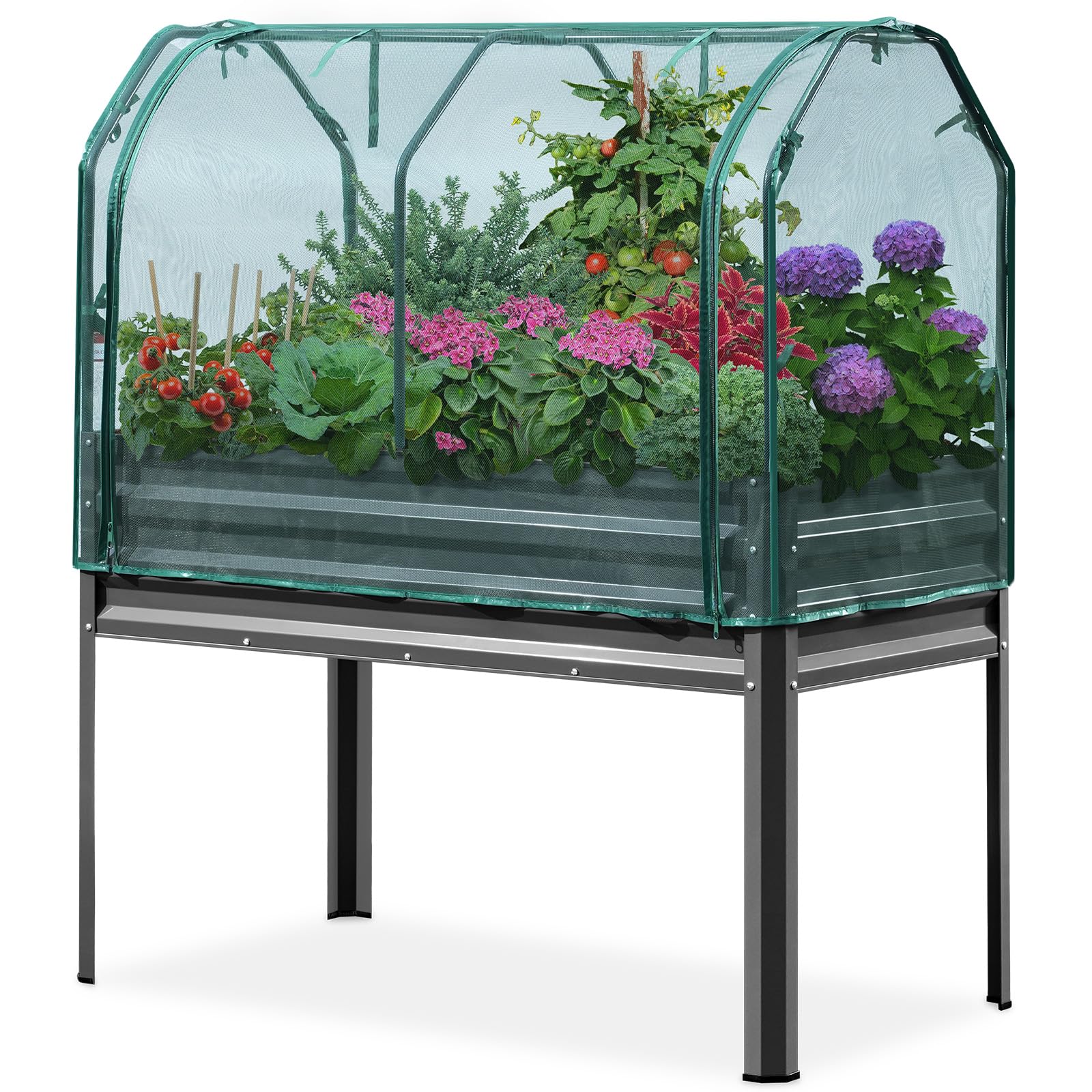 KING BIRD Large Raised Garden Bed with Netting Galvanized Elevated Planter Box with Legs 48×24×56 in for Backyard, Patio, Balcony, 400lb Capacity, Dark Grey