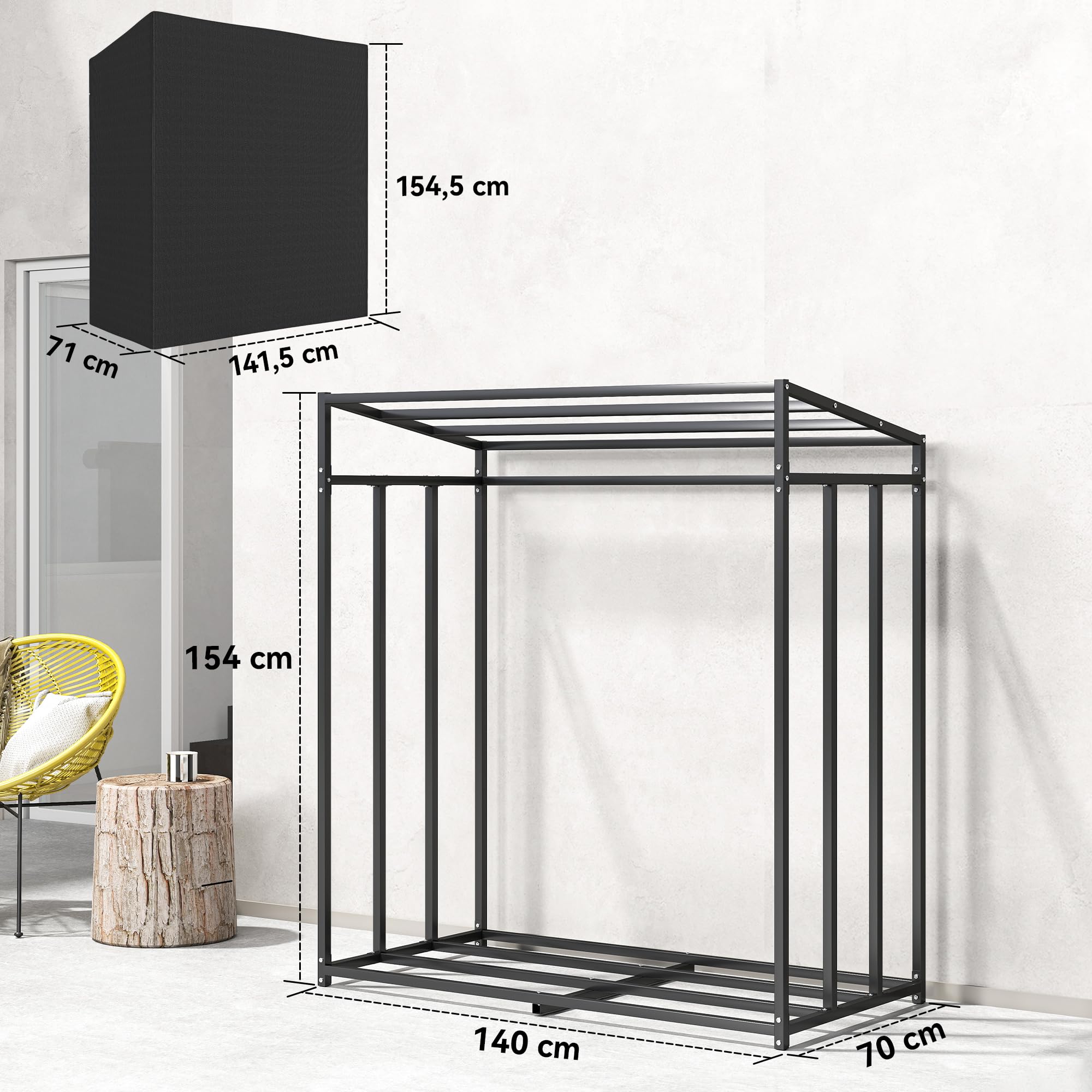 Outsunny Estante de Leña Metálico, Carga 300 kg, Leñero Exterior con Cubierta Impermeable 600D Oxford, Marco de Acero, Soporte para Leña de Chimenea, para Jardín, Terraza, 140x70x154 cm