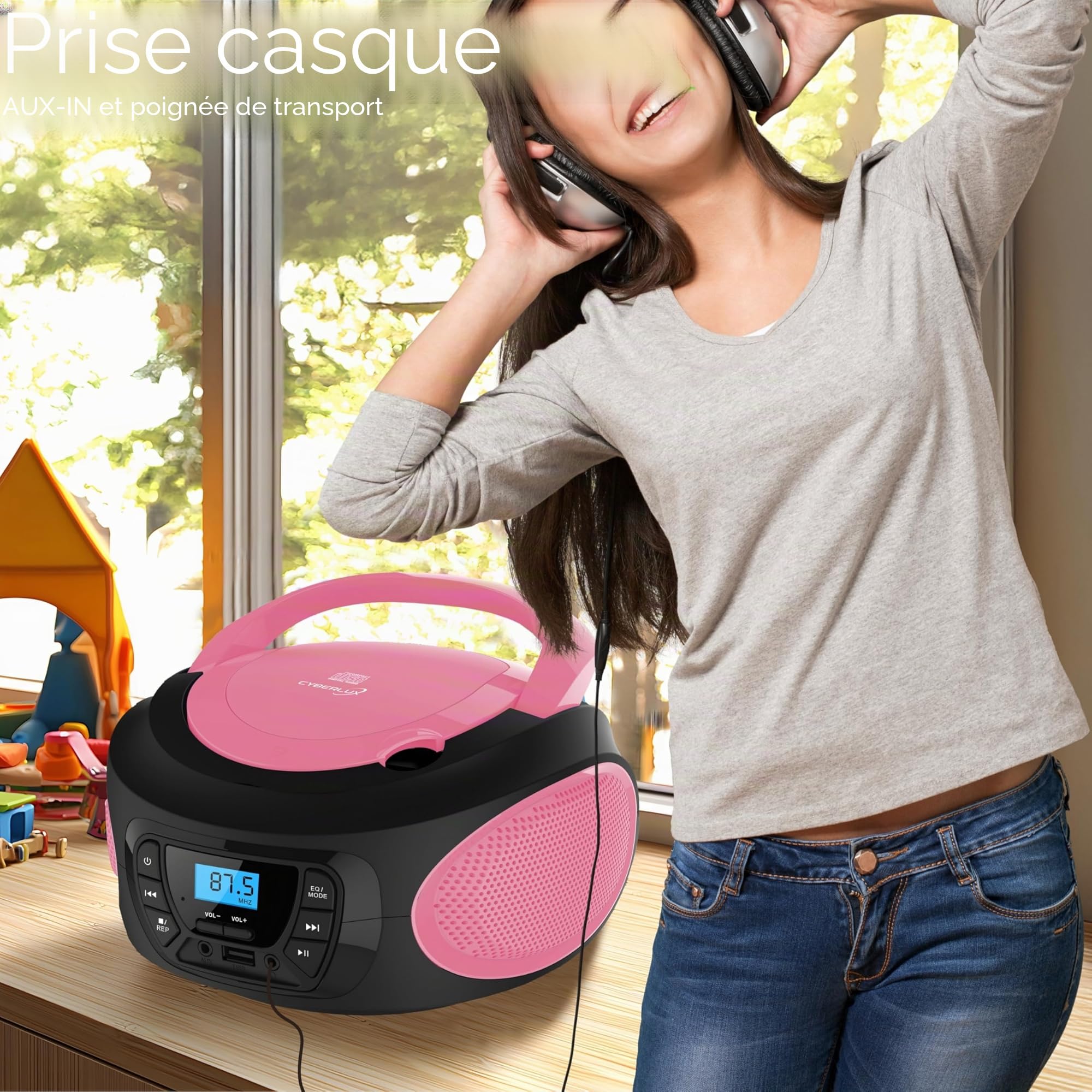 Boombox - Lecteur CD portable - CD/CD-R - USB - Radio FM enfants - Entrée AUX-IN - Prise casque - Chaîne stéréo - Système compact - Rose vif (Pretty Pink)