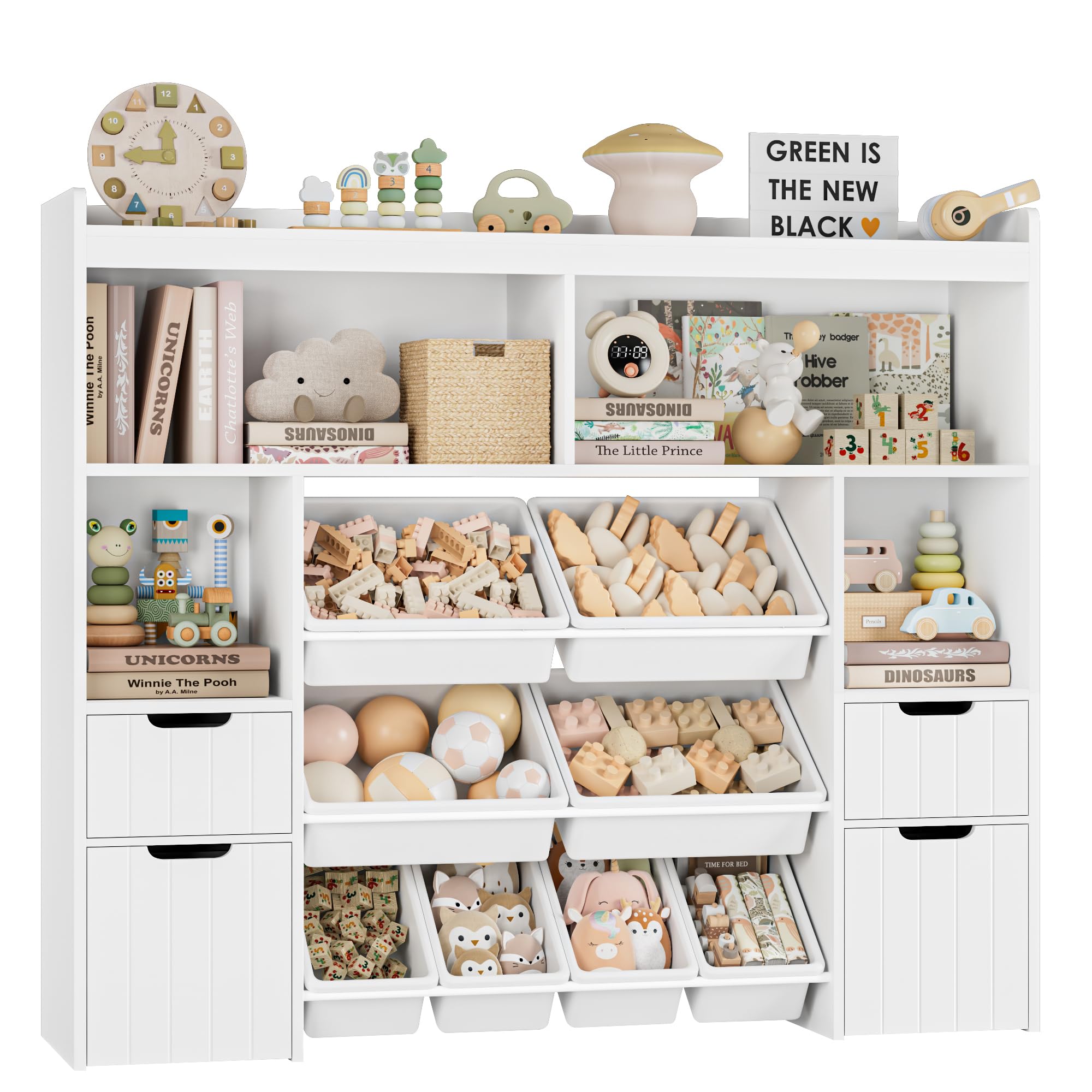 HORSTORS 55" W Toy Storage Organizer with Drawers, Large Kids Toy Storage Box with Removable Bins, Tall Kids Bookshelf and Bookcase for Boys and Girls