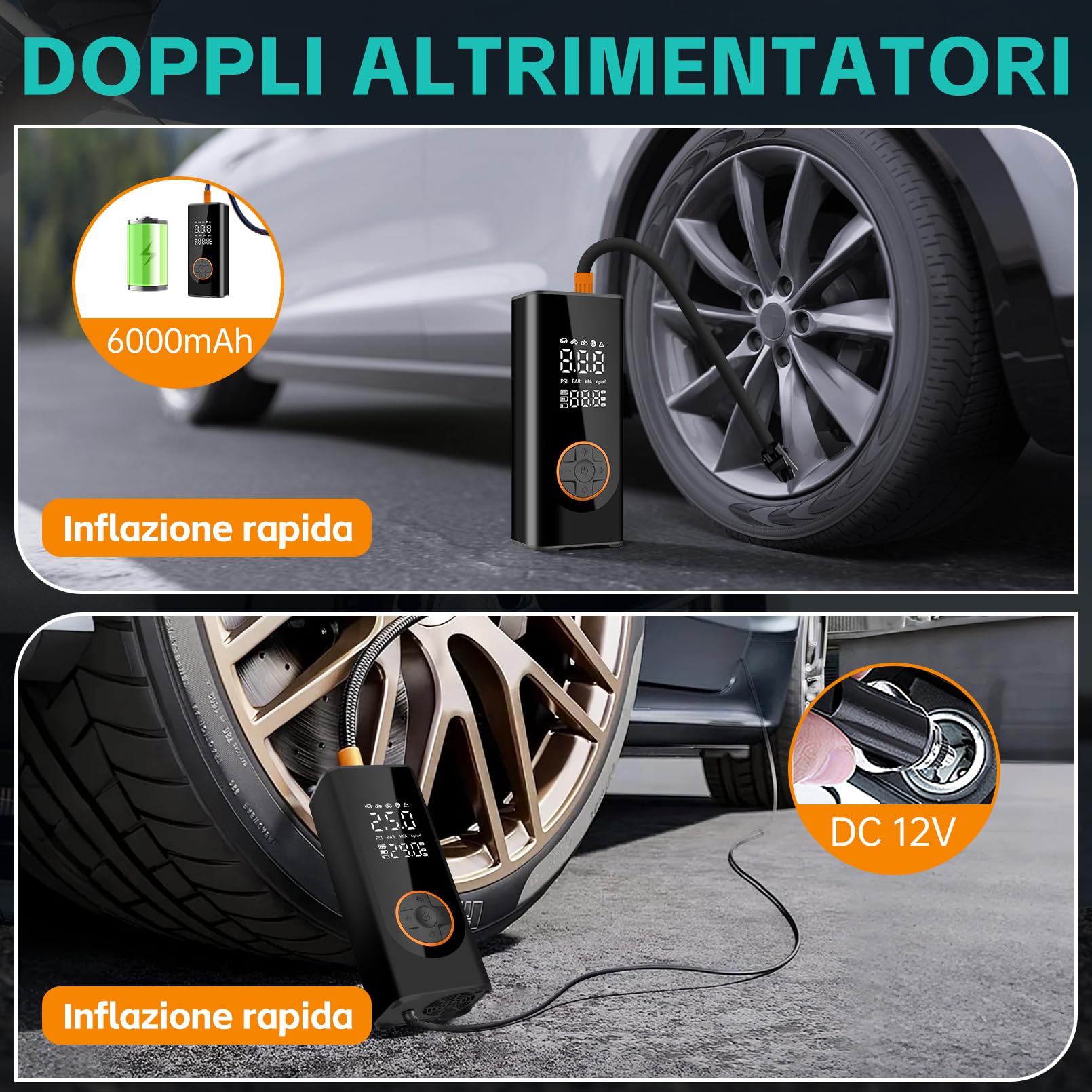 Mini compressore aria portatile Gonfiatore per pneumatici senza fili pompa digitale per pneumatici per auto elettrica DC 12V 150PSI di veicoli/bici/gonfiabili con preimpostato funzione