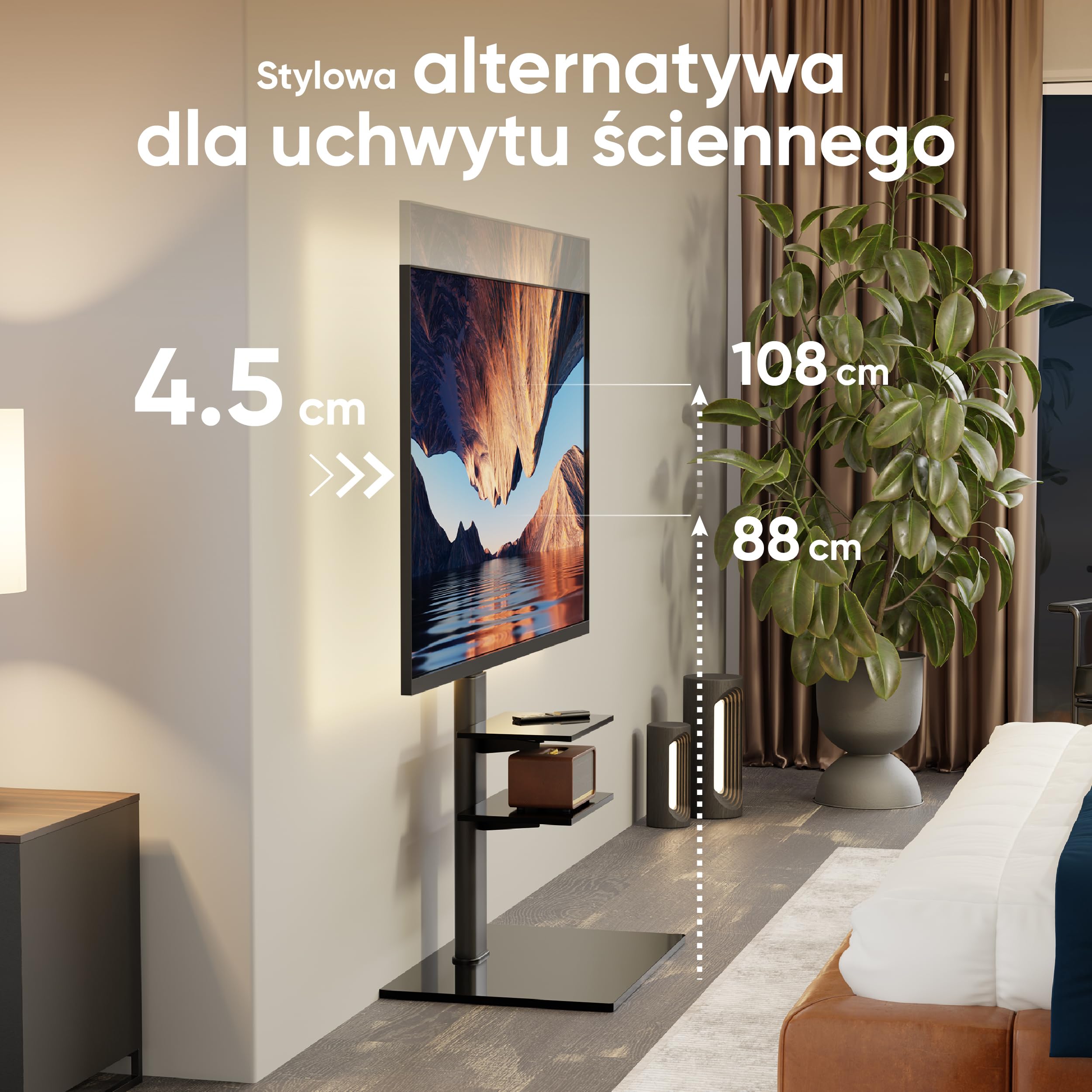 ONKRON Stojak pod TV 32-65 cali, 30 kg, max VESA 600x400, TS5550-B | Uchwyt stojący na telewizor czarny, -25°/+25° obrotow, regulacja wysokości, półki ze szkła hartowanego, kable; do biura, domu