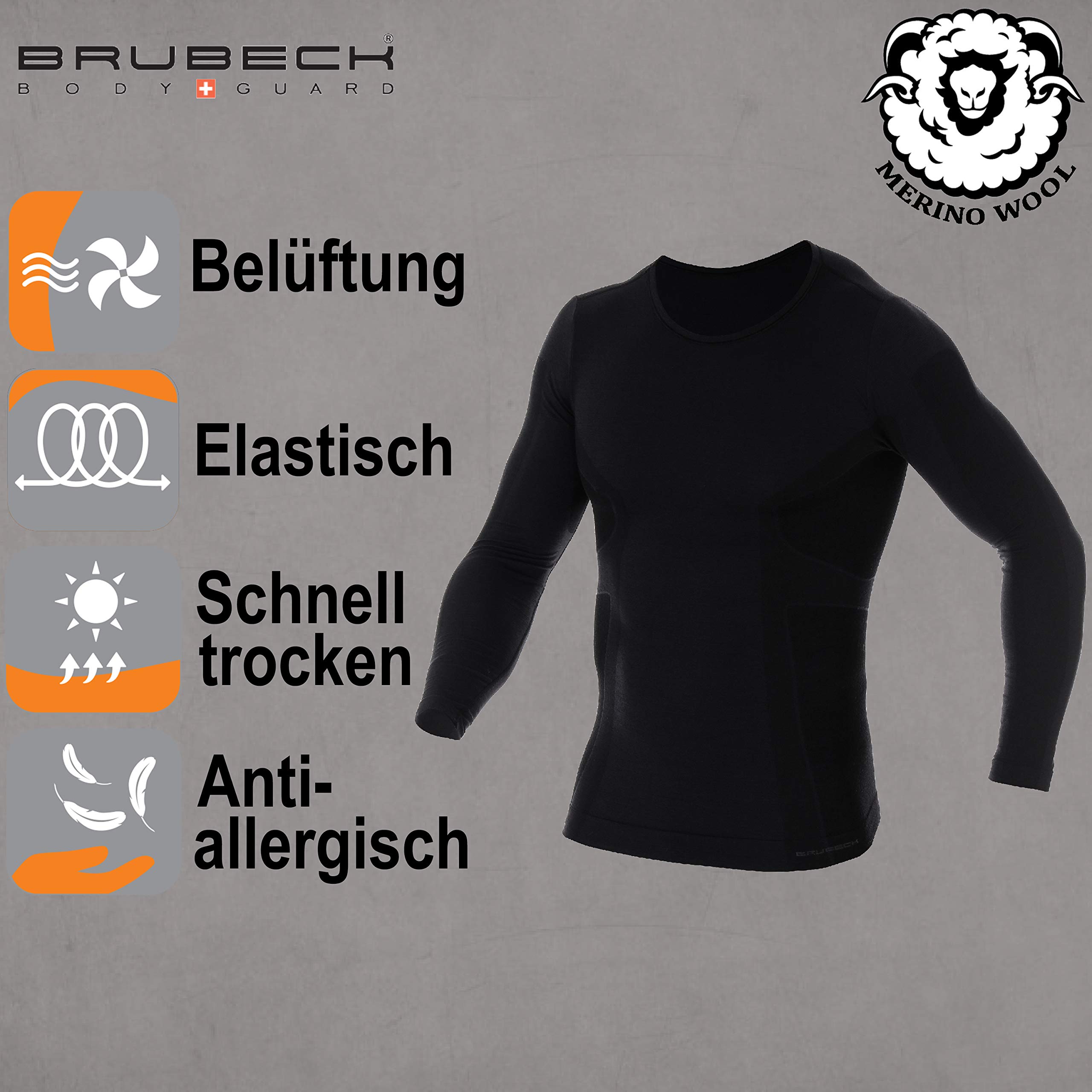 BRUBECK LS11600 - Camiseta de Manga Larga para Hombre (Transpirable, 41% Lana, Ropa Interior Funcional, para Senderismo, Trekking, Talla XL), Color Negro