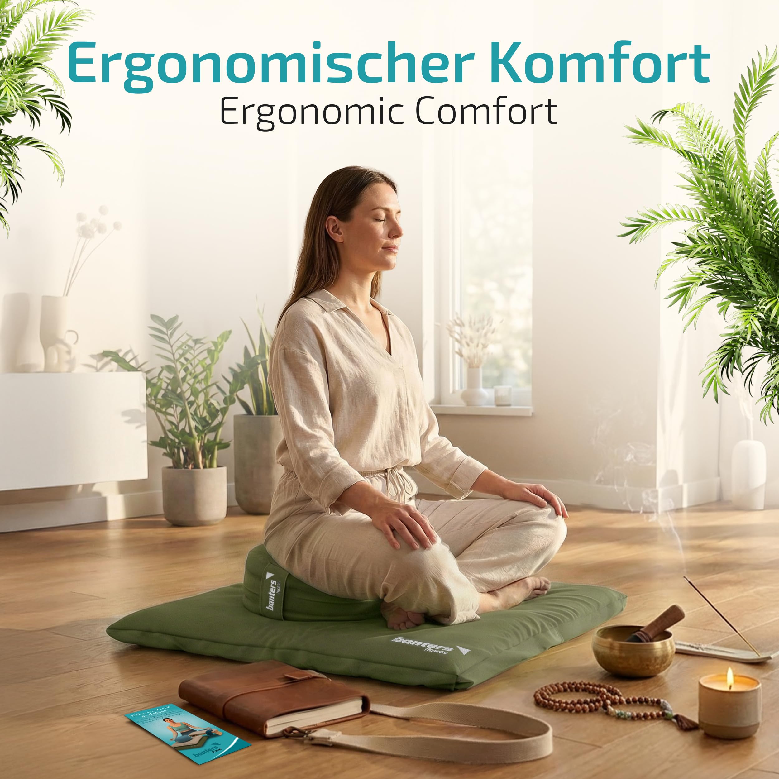 banters Meditationskissen-Set Zafu & Zabuton, Kapok, Bio-Baumwolle, Soft | 3-teilig, Zafu Ø 35 cm/20 cm Höhe, Zabuton 80x80x6 cm, Kapok-Füllung, waschbare Bezüge, Tragegurt 80 cm, Achtsamkeitstagebuch
