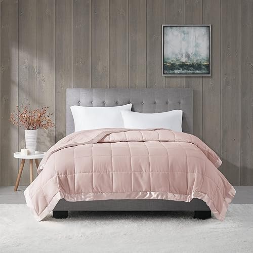 Madison Park Windom Down Alternative Blanket, Premium 3M Scotchgard Moisture Wicking Treatment, Lightweight and Soft Bed Cover For All Season, Satin Trim, Blush Full/Queen
