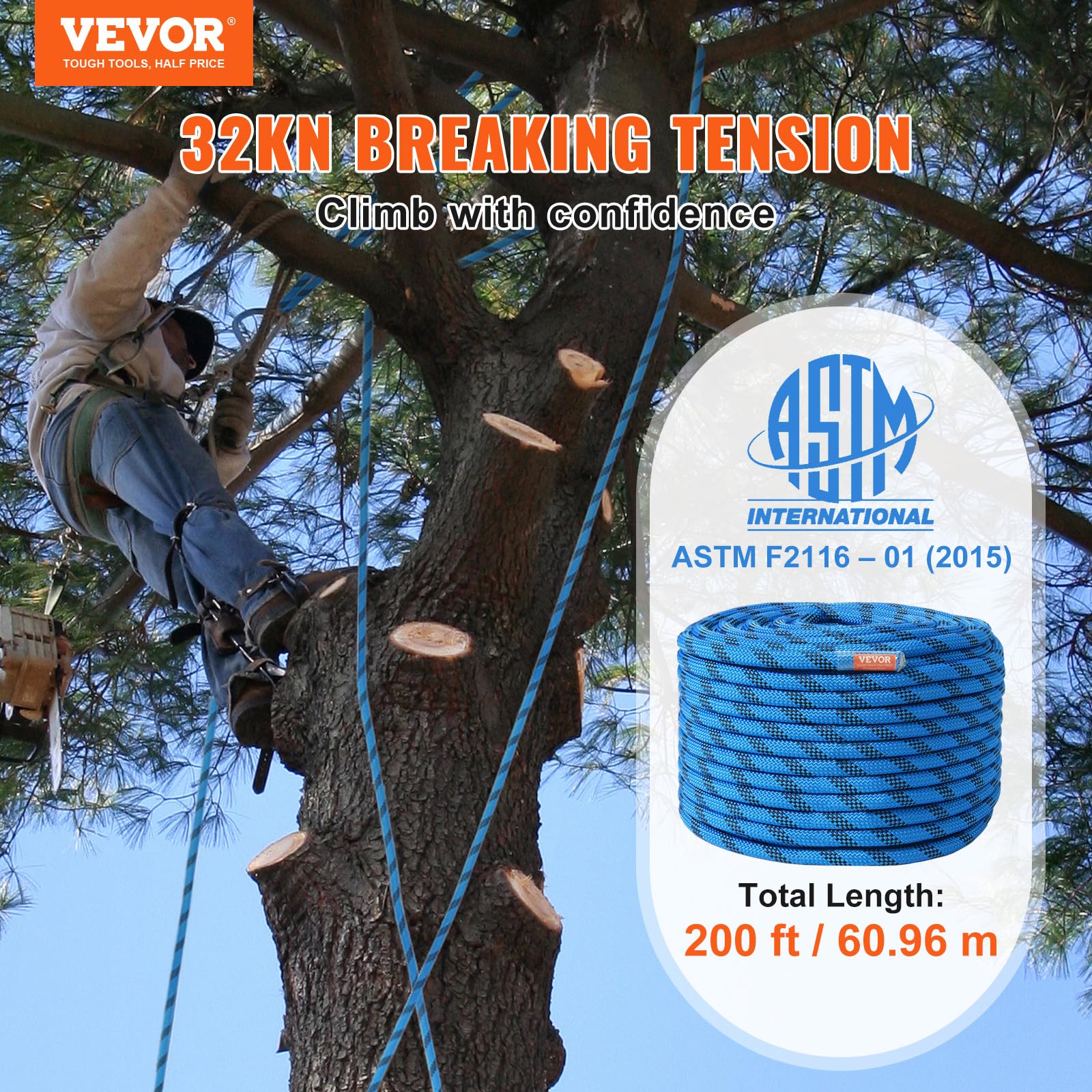 VEVOR 12.7mm Static Climbing Rope, 60.9M(200ft) Outdoor Rock Climbing Rope 30KN Breaking Tension, Fiber Rope with Steel Snap Hooks for Escape, Rappelling, Fire Rescue, Blue