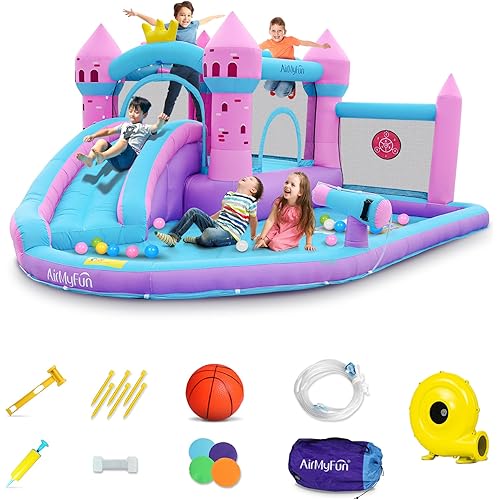 AirMyFun Pink Inflatable Waterslide, Water Bounce House for Big Kids 3-12 in The Backyard- Water Bouncy House for Wet and Dry, Splash Pool - Sturdy Outdoor Bouncer/Castle - Includes Blower& Repair Kit