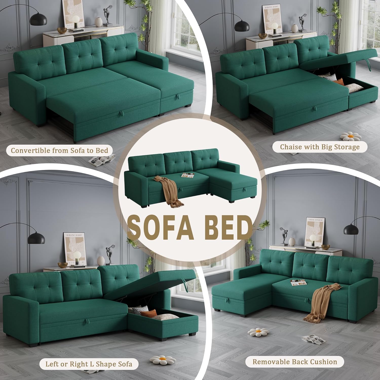 82" L-Shape Convertible Sleeper Sectional Sofa with Storage Chaise and Pull-Out Bed,Upholstered Reversible Corner 3 Seater Couch with Button Tufted Backrest & Armrest,for Living Room,Green