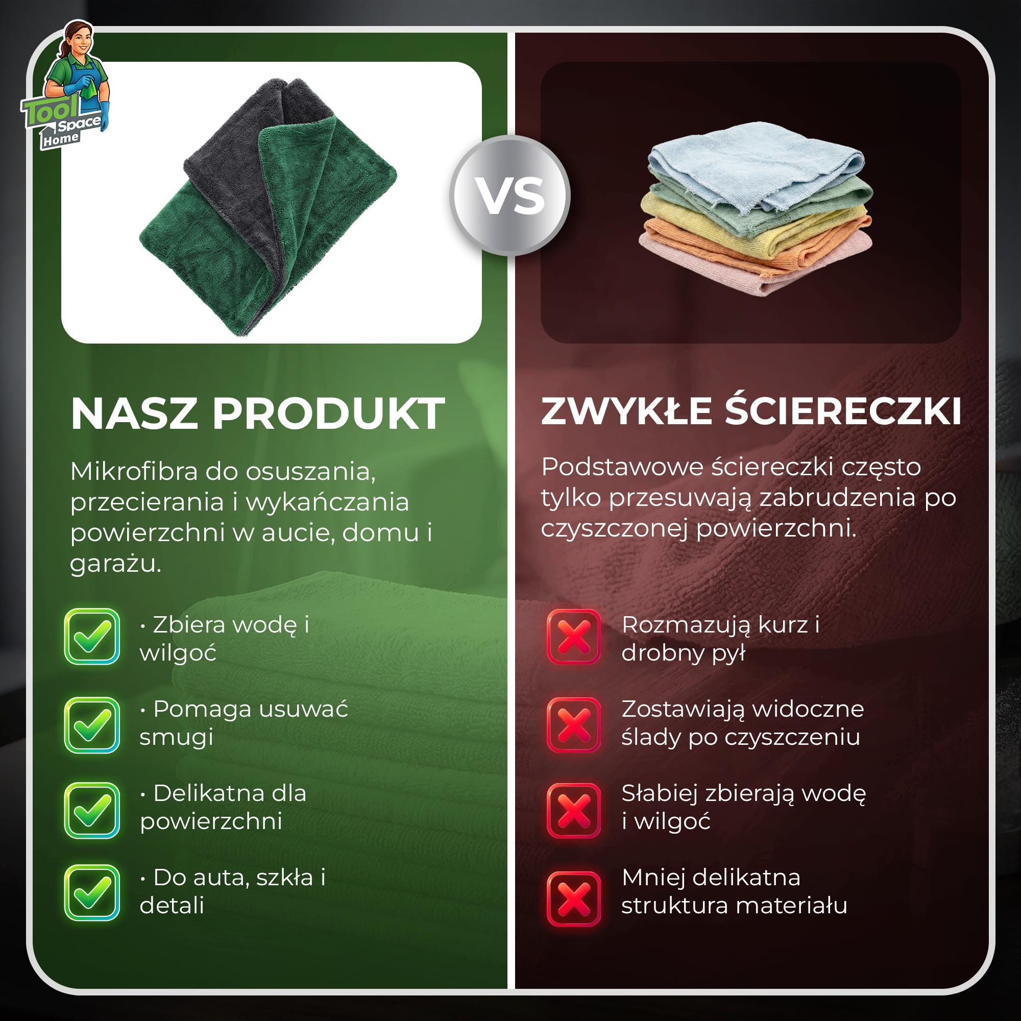 ToolSpace Ręcznik Samochodowy z Mikrofibry 60x90cm 2 szt. 1300 gsm do Osuszania Auta Lakieru Szyb Karoserii Chłonny Miękki Wielorazowy Bez Smug Premium Detailing Mycie Samochodu Mikrofibra Gruby Duży