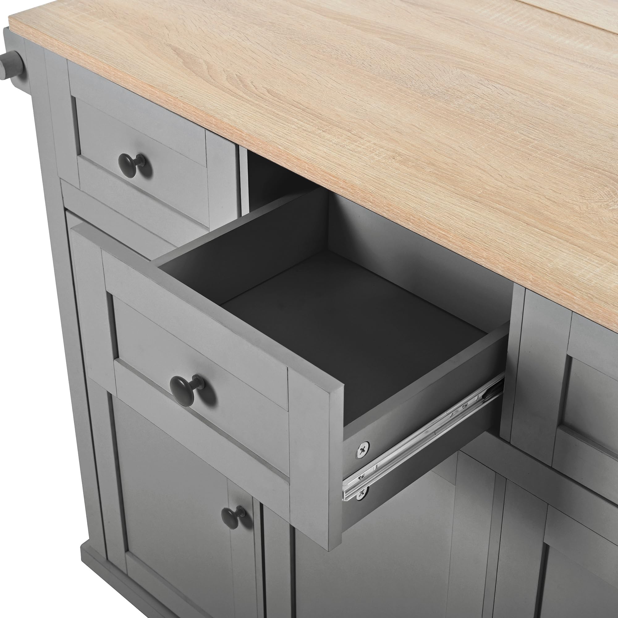 Îlot de Cuisine Mobile avec Plan de Travail Extensible, Rangement Multifonction (tiroirs, Poubelle, épices), 5 roulettes, Ilot Central Cuisine pour Cuisine et Salle à Manger
