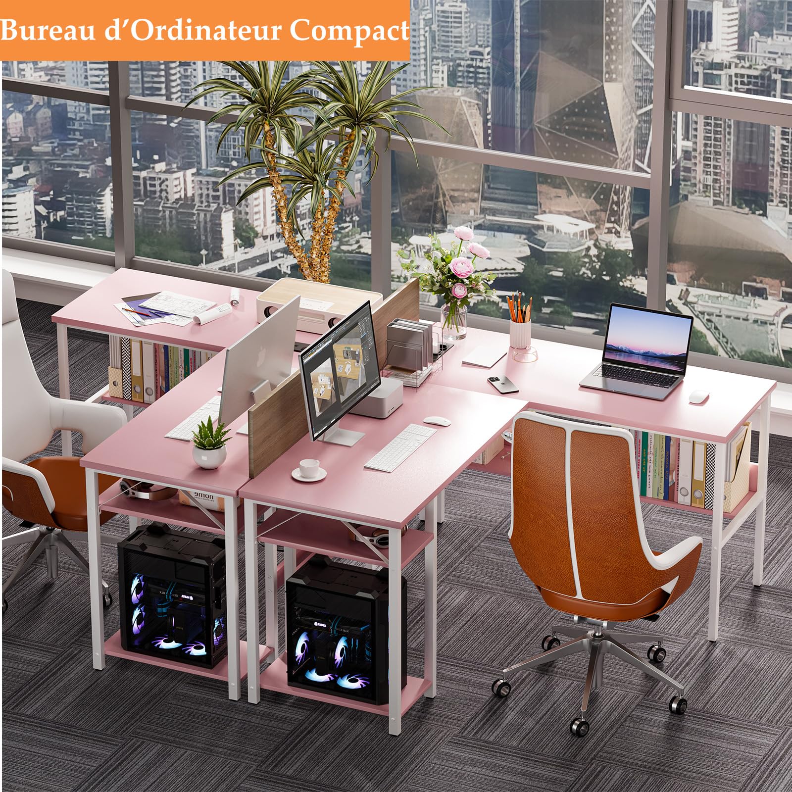 Homieasy Bureau d'angle 128cm avec Prises et USB, Rose