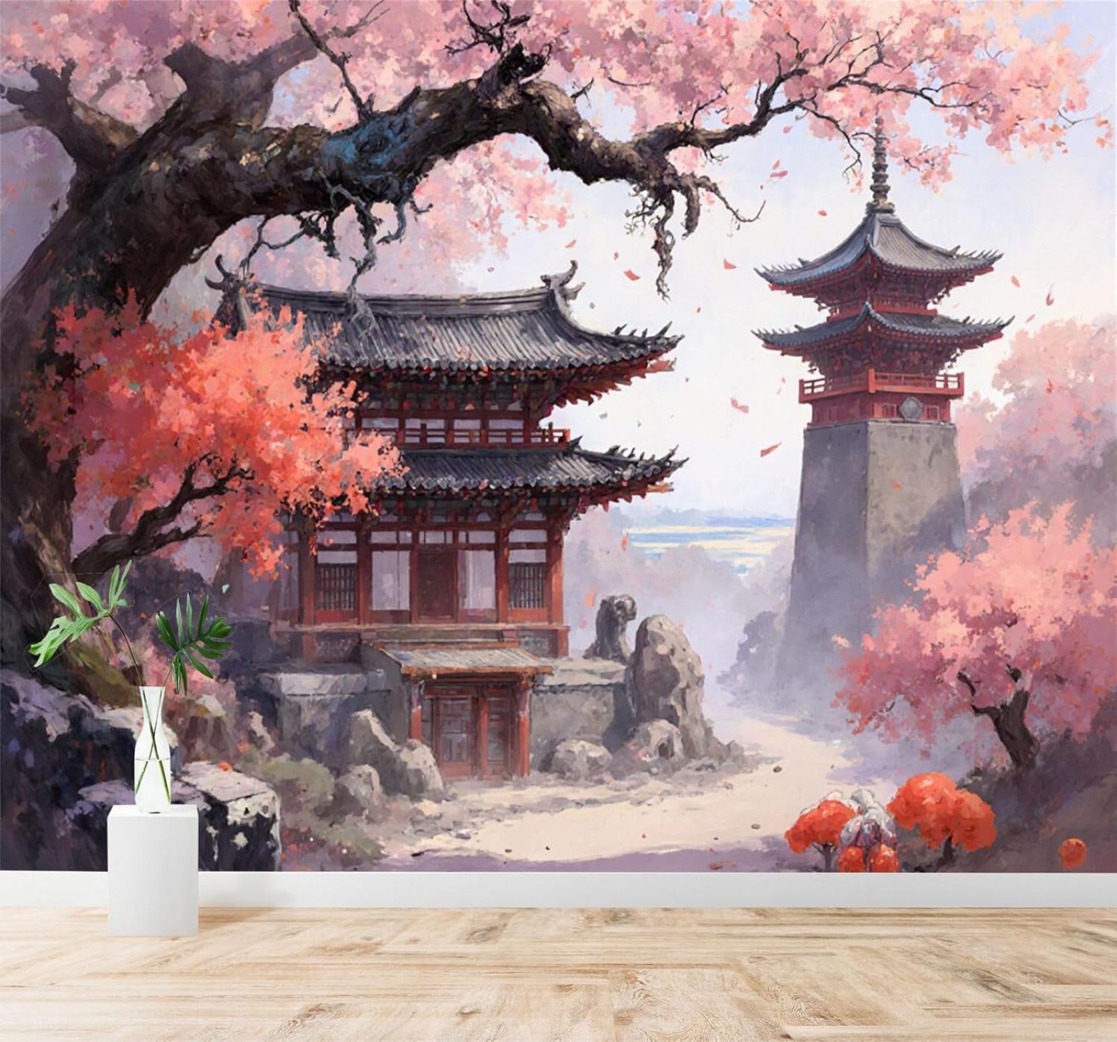 XLMING Hand Drawn Watercolour Cherry Blossoms Trees Architecture 3D Wallpaper Silky Texture Home Study Office Grey Dining Room Sofa Bedroom Living Room TV Backdrop-300cm×210cm