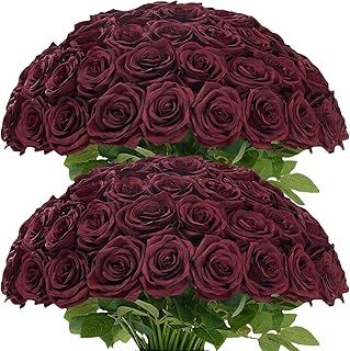 Carlita's Blooms 50pcs Burgundy Rose Artificial Silk Roses, Realistic, Long Lasting, Versatile for Weddings & Parties
