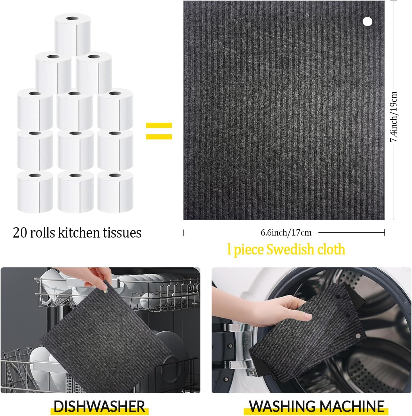 6 - Pack Swedish Kitchen Dish Cloths - Reusable Paper Towels for Counters & Dishes - Eco Friendly Cellulose Sponge Cloth - (Black) - Image 3