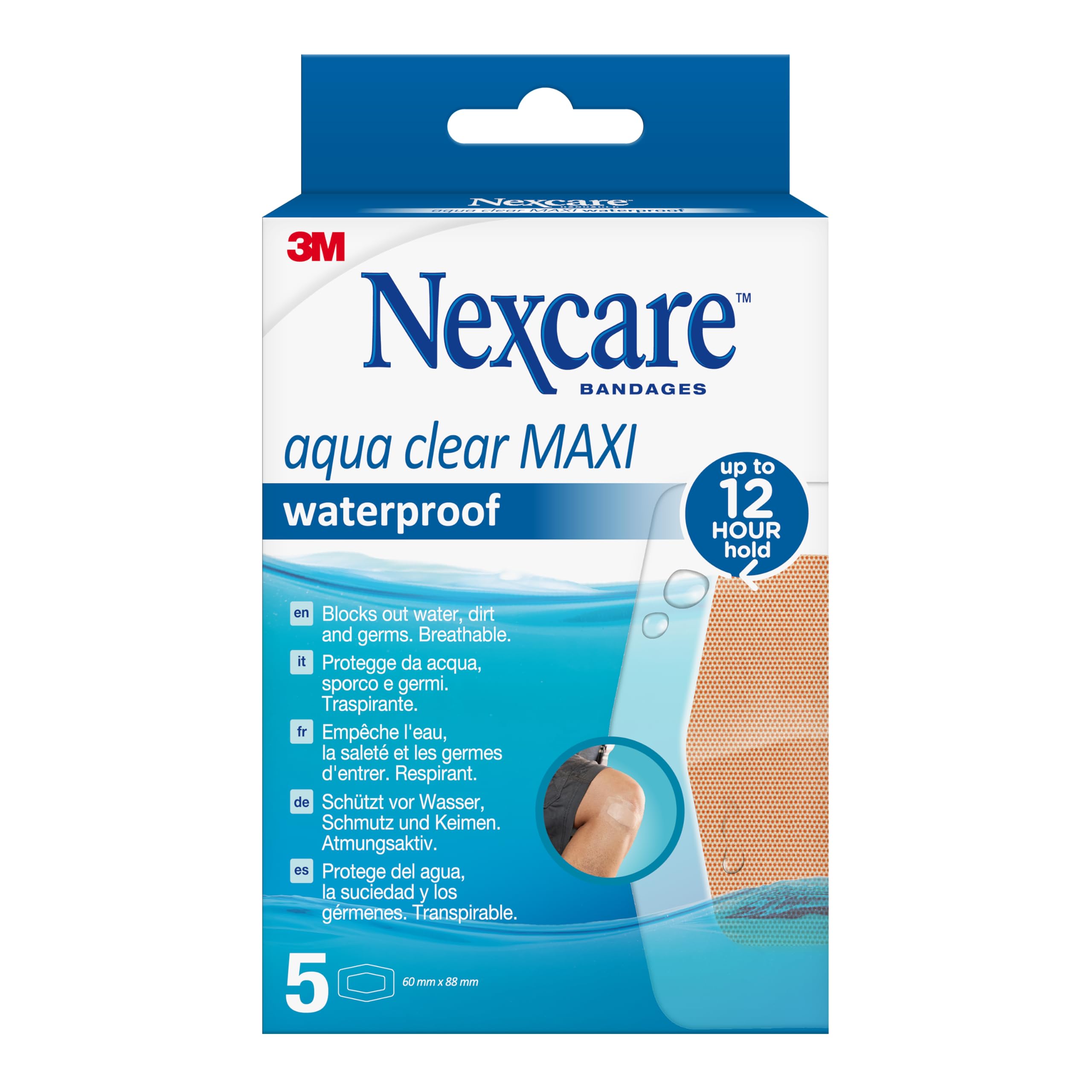 NexcareAqua Clear MAXI Waterproof Bandages, 5 Plasters per Pack, 60 mm x 88 mm, Waterproof, for Wounds and Minor Scratches, Plasters for First Aid Kits