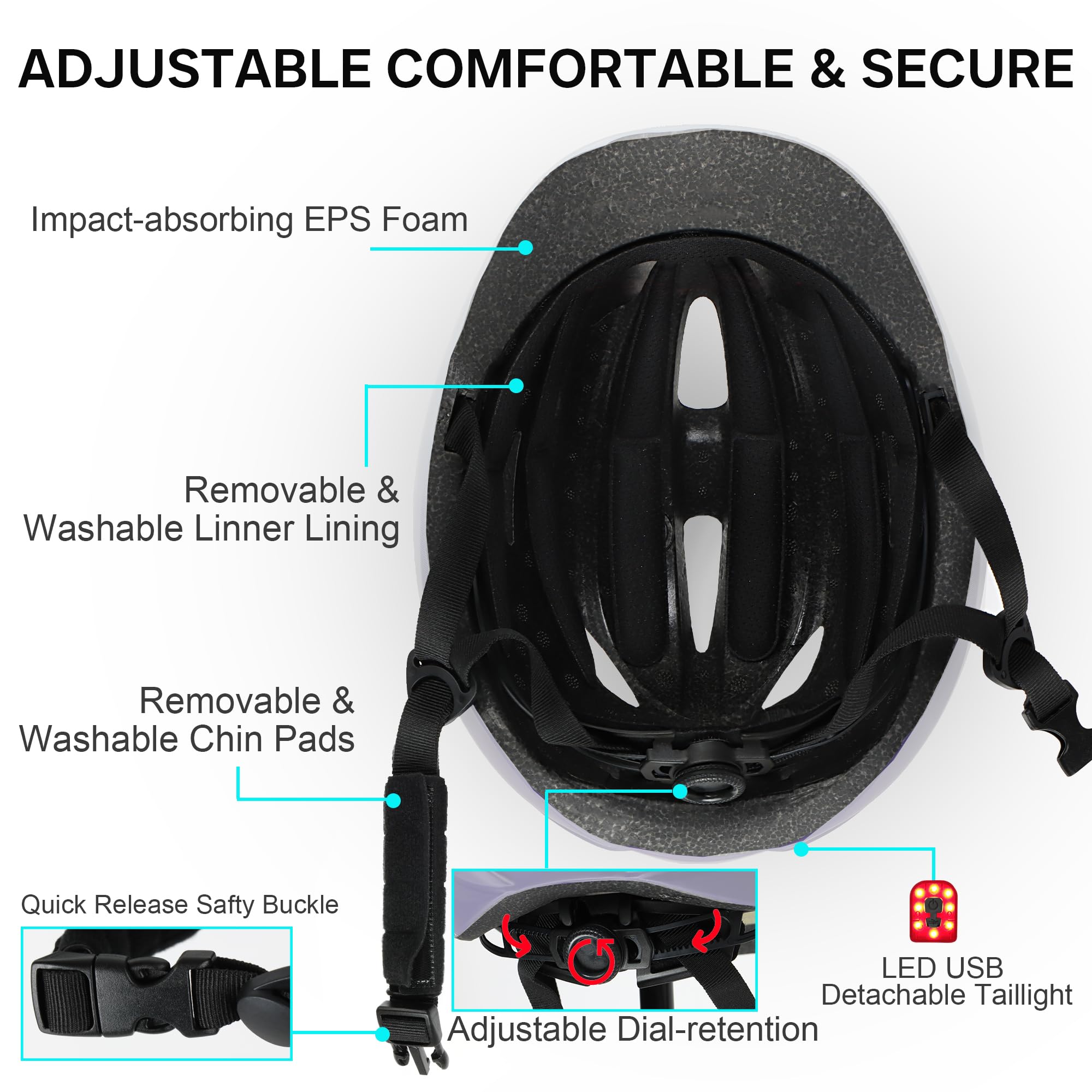 DKONI Casco de bicicleta urbano para adultos: casco de bicicleta para hombres y mujeres con carga USB, cascos de luz trasera desmontable para ciclismo y scooters