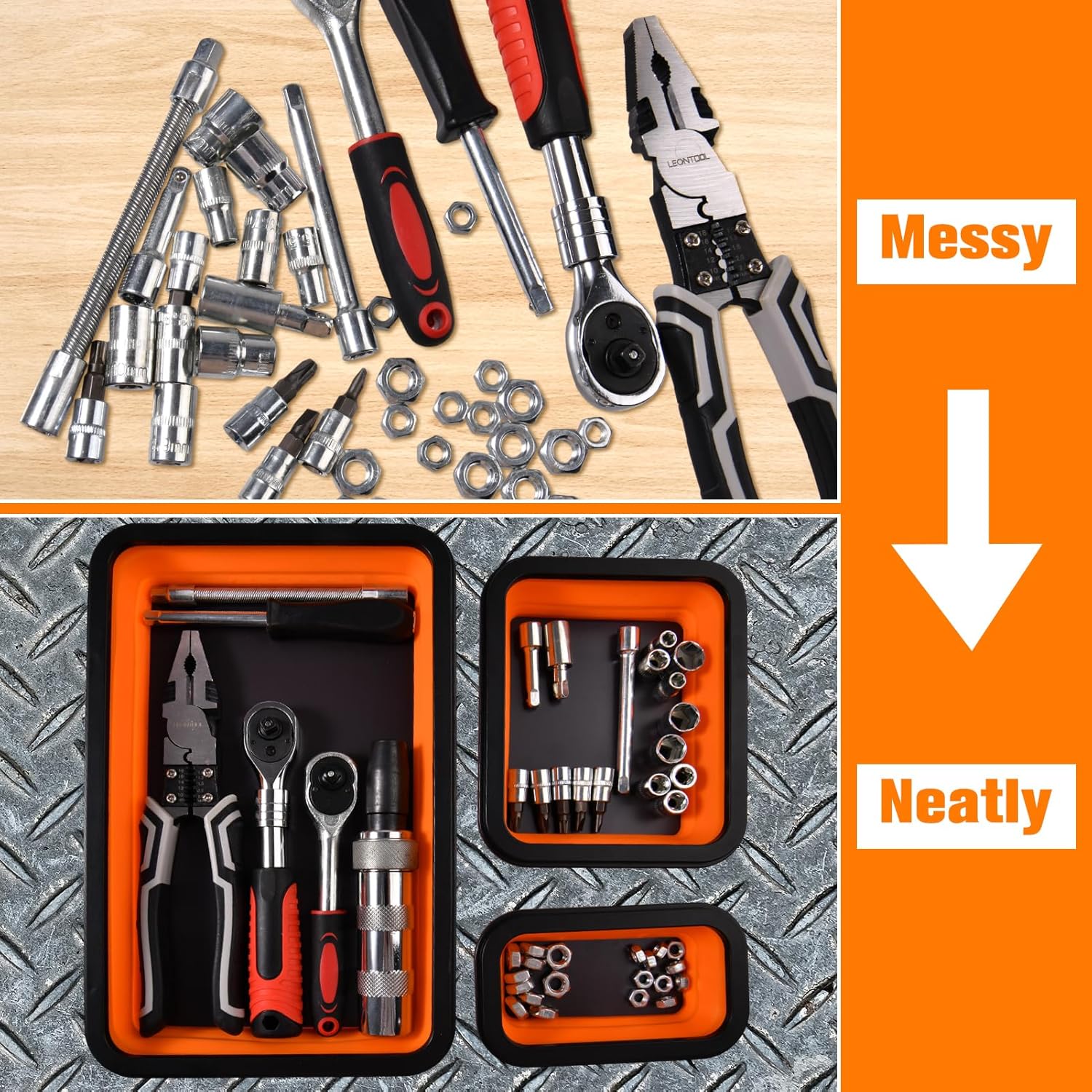 Collapsible Magnetic Parts Tray Set of 3 Sizes - Foldable Silicone Tool Tray Storage Organizer Double-Sided Magnetic Bowl for Screw, Bolts, Nuts, Washers, Pins and Other Small Metal Parts