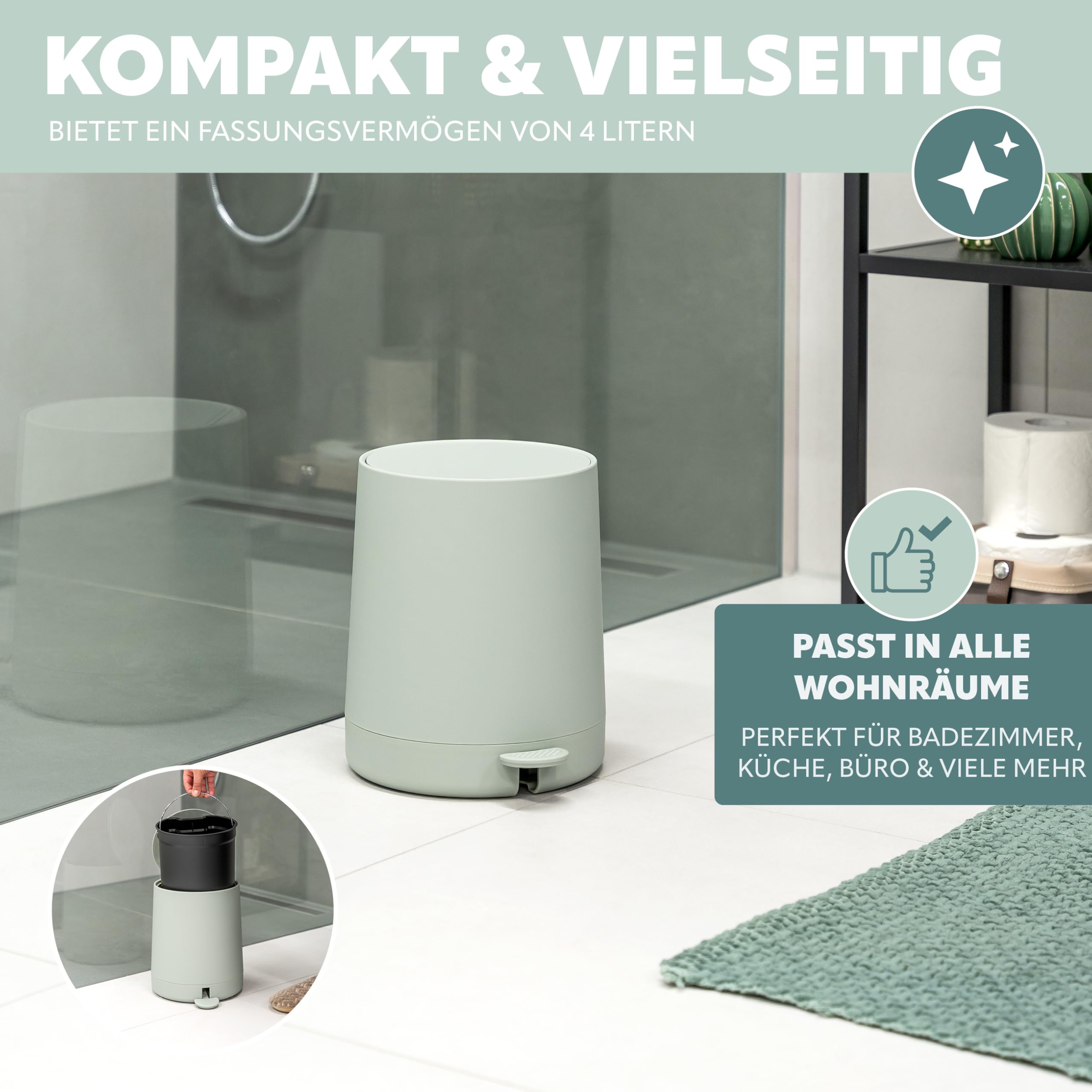 eluno Badezimmer-Set TESERO mit Soft-Touch Oberfläche, Bad-Accessoires Set 5tlg. aus Seifenspender, Becher, Schale, Kosmetikeimer, WC-Garnitur für Badezimmer und Gäste-WC aus Kunststoff (Salbei)