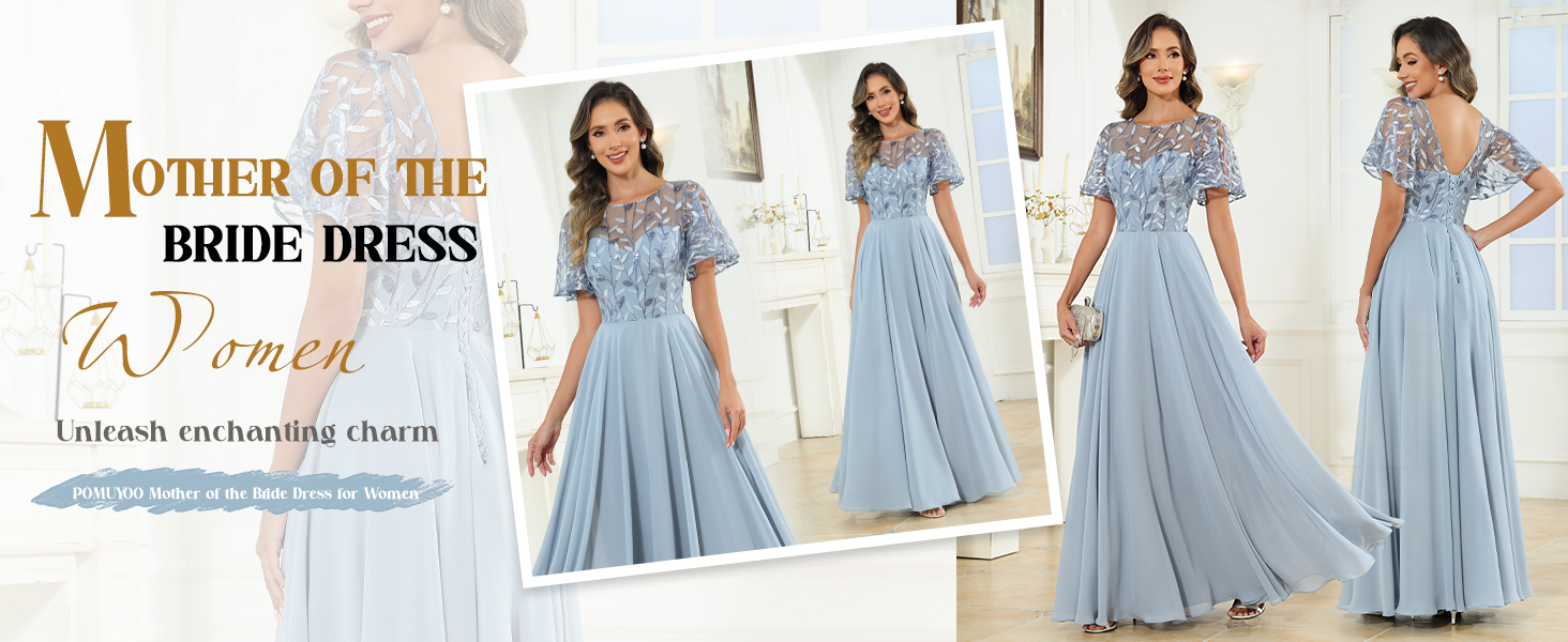 Amazon.com: POMUYOO Dusty Blue Short Sleeves Sparkly Mother of The Bride Dress for Women Lace Long Formal Evening Dresses for Women Size 8 : Clothing, Shoes & Jewelry