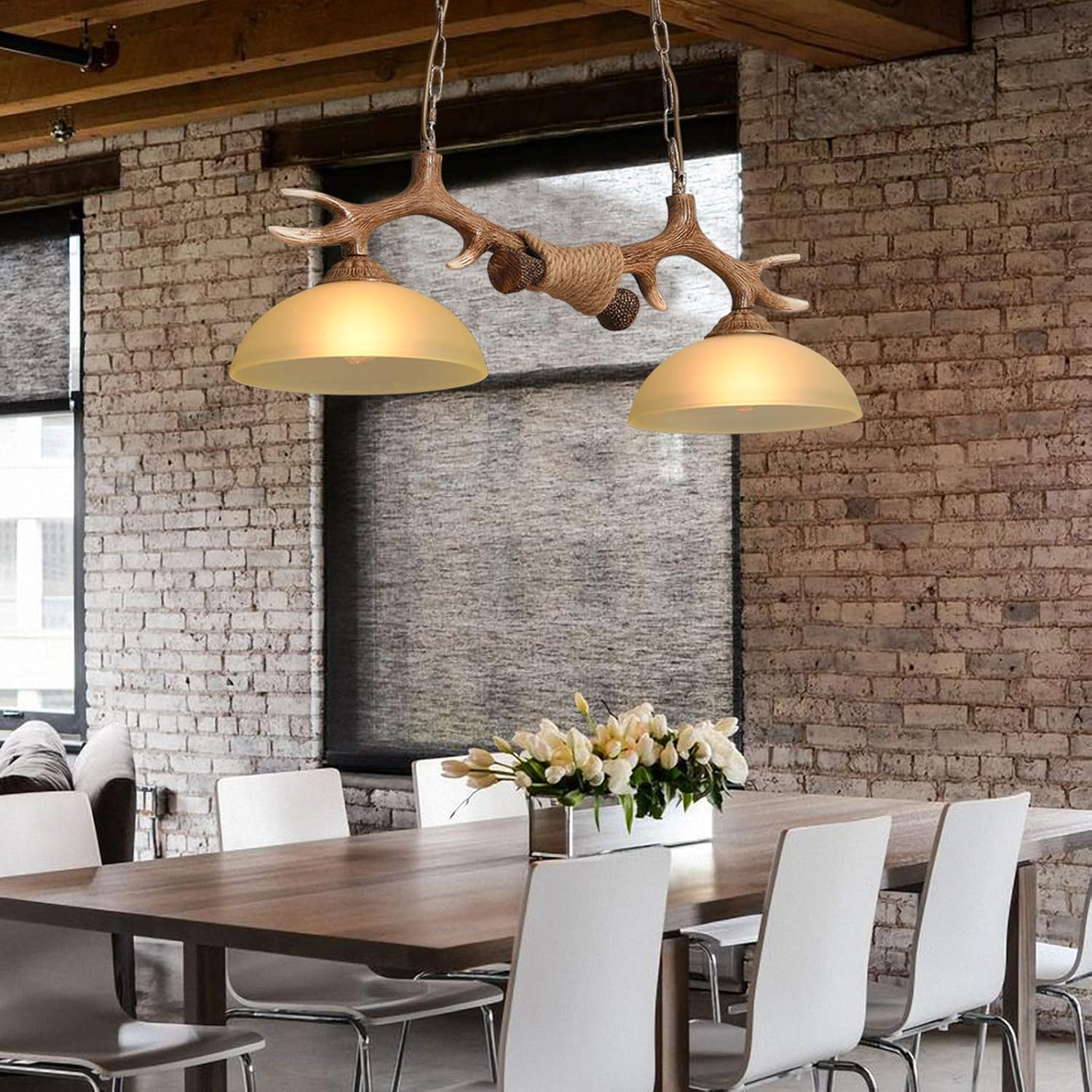 Retro Deer Horn Chandelier, Resin Pendant Light Antler Hanging Ceiling Lamp Fixture 2 Light Sunset Glass Shades Vintage Style Chandelier for Living Room Bar Cafe Dining Room Indoor Decorative