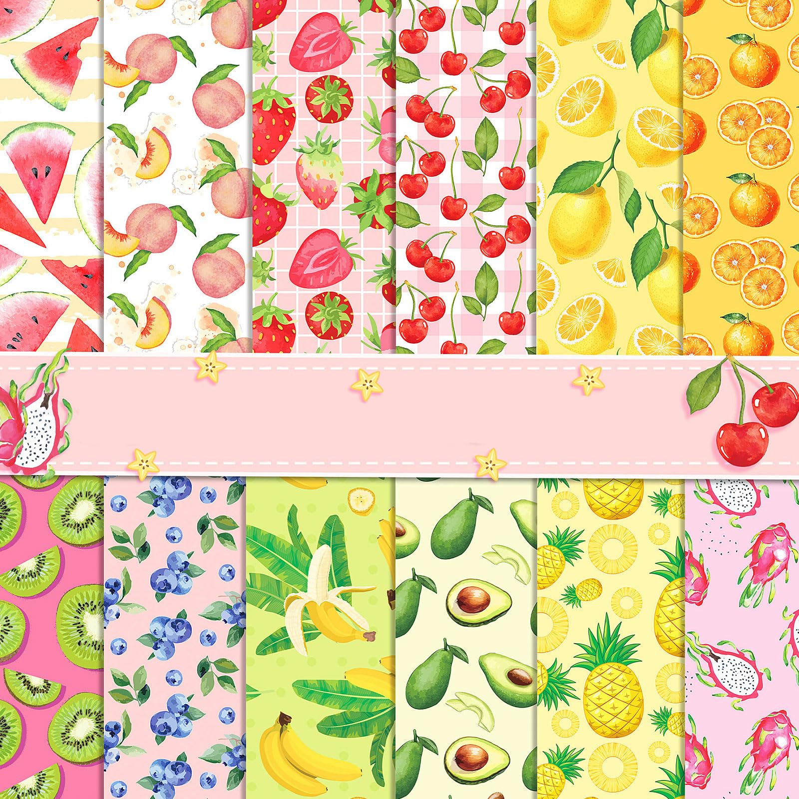 Scrapbook Papier Sommer Scrapbook Bastelpapier mit Obst Muster, 24 Blatt Scrapbooking Papier Frucht Motivpapier, Doppelseitiges Dekorpapier mit Erdbeere Zitrone Muster (Rot, 30x30)