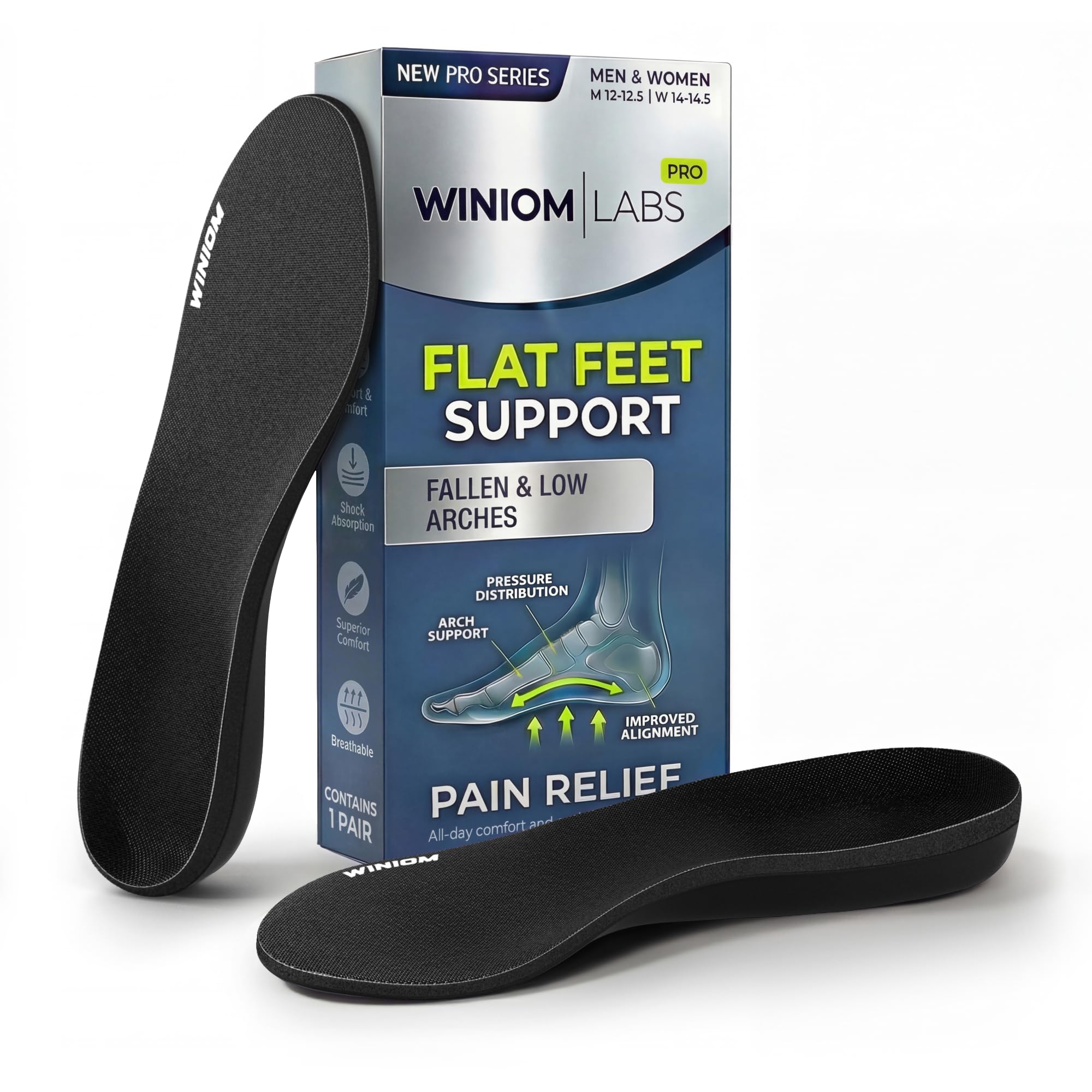 Flat Feet Insoles Men &amp; Women - Orthotic Shoe Inserts with Arch Support for Flat Feet, Overpronation Insoles with Shock Absorption for Heel and Foot Pain Relief (Black, M 9-9.5 / W 11-11.5)