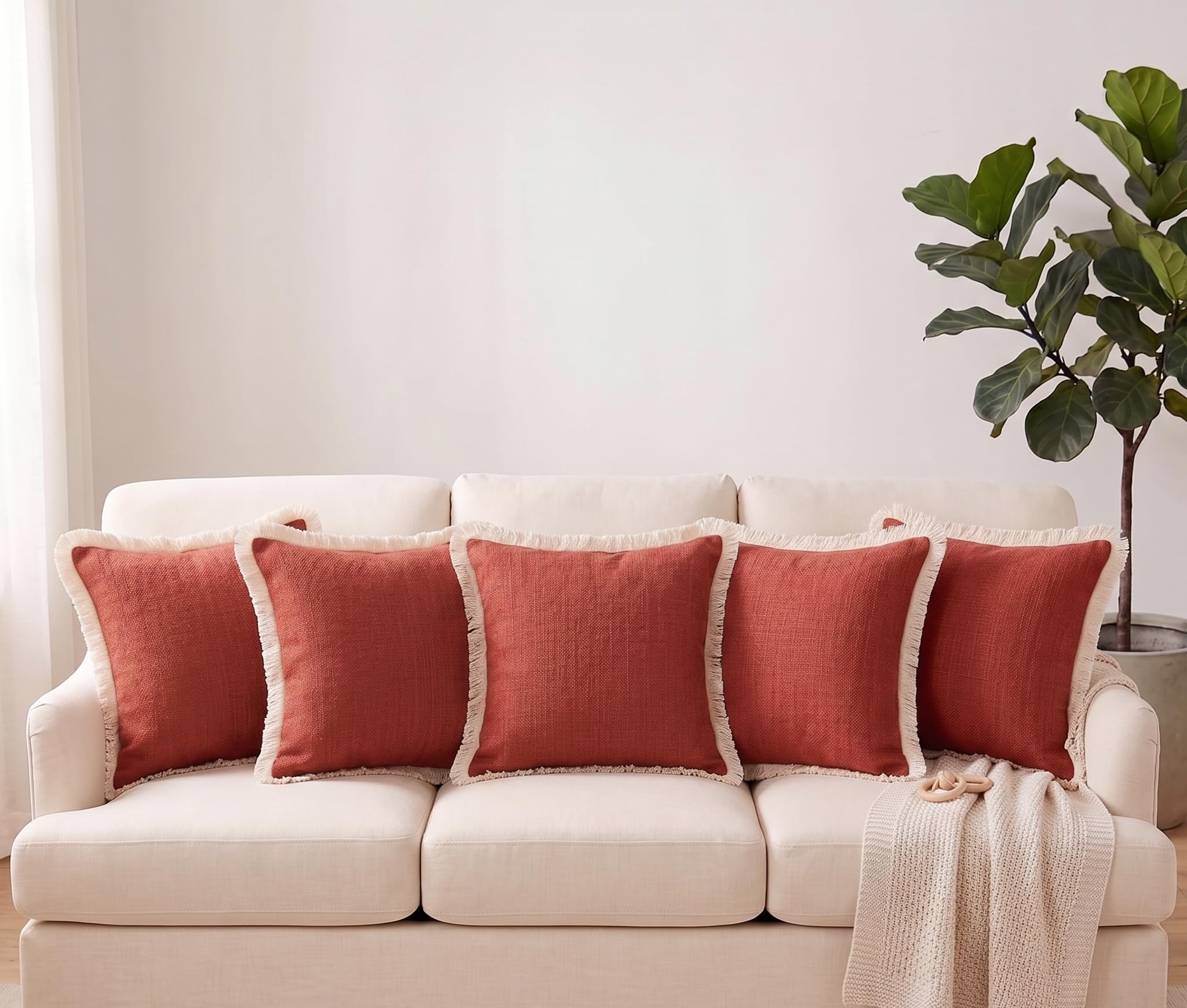 Furnistitchs Solid Boho Cushion Cover 16x16 Inches, Premium Natural Slub Fabric Throw Pillow Case with Eyelash Fringe Border for Sofa, Couch, Living Room & Bedroom 40x40 cms - (1pc, Terracotta)-image-41