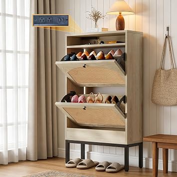 LUCKLIFE Shoe Cabinet with Charging Station, Flip Down Hidden Shoe Storage Organizer, Slim Shoe Rack with Adjustable Shelves & Anti-Tip Kit for Entryway Hallway, Light Oak Rattan