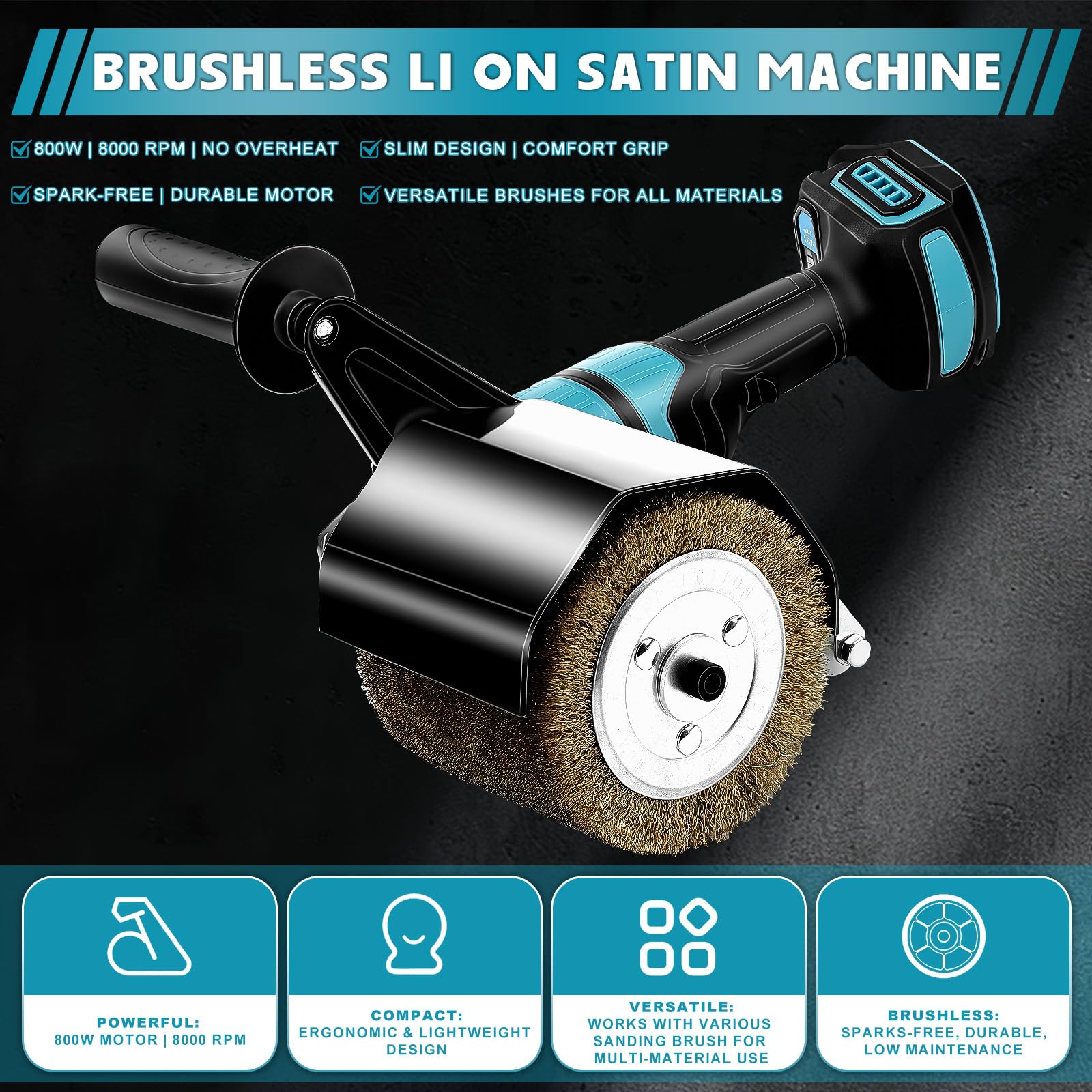 Ponceuse à brosse sans fil Compatible avec Makita 18V, Satinage Brosse à Poncer, Appareil de Brossage pour la Rénovation de Surfaces de Toutes Sortes, Réglage de la 6 Vitesse (Sans Batterie)