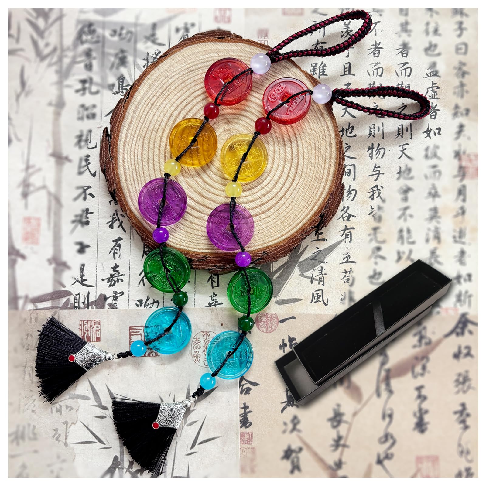 2PCS Feng Shui Coin Tassels, Crystal Coin with Chinese Knot String,Combining Traditional Chinese Knot with Modern Crystal Energy ? Wealth, Good Luck, and Success -Five-Color Coin