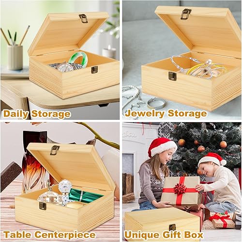 Miniatura 7 de DAJAVE Paquete de 2 cajas de madera sin terminar, caja de almacenamiento de madera con tapa con bisagras, caja de madera de pino, cajas de