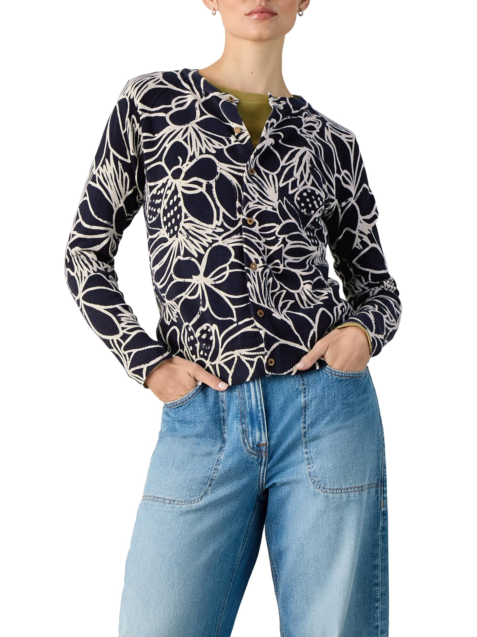 White Stuff Ladies Lulu Print Cardigan - Casual Sweater for Women - Navy Multi - Size 12