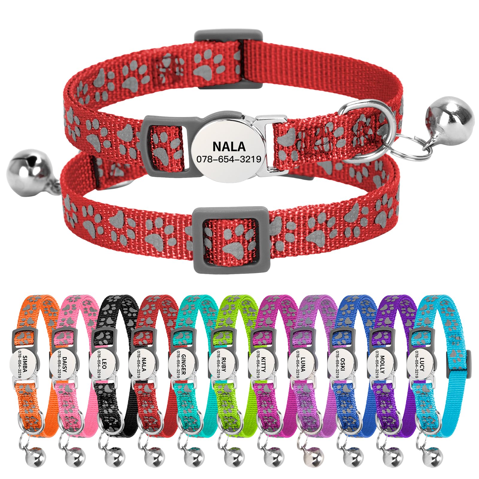 Personalised Reflective Cat Collar with Name Tag,Quick Release Kitten Collars with Bell Safety Buckle, Adjustable Nylon Cat Collar for Cats Kittens UK Prime (19–30 cm, Red Paw) — image 1