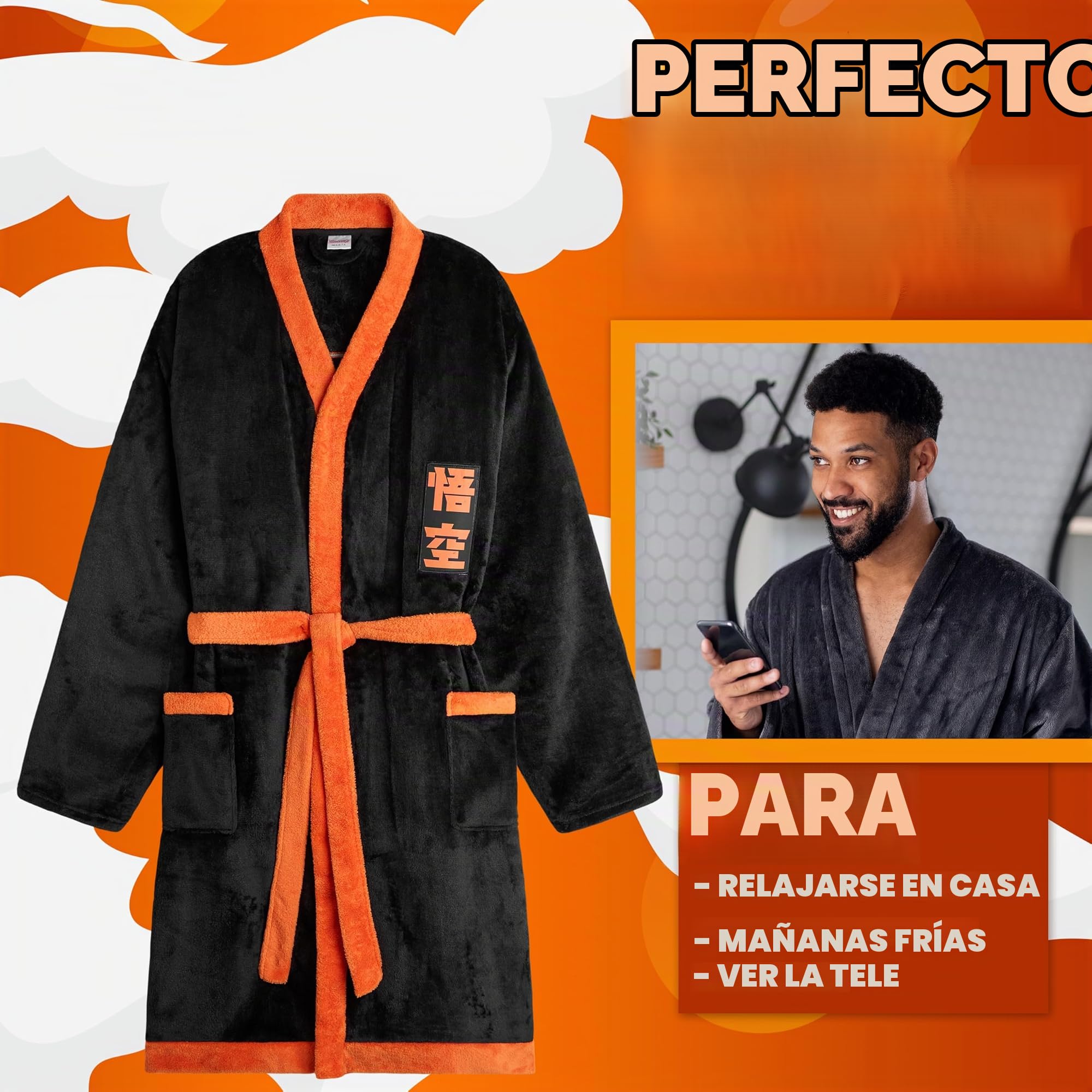 Dragon Ball Z Bata Invierno Hombre con Bolsillos y Cinturón, Bata de Estar por Casa