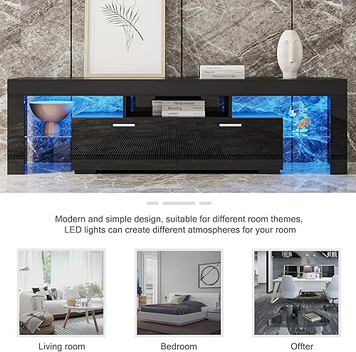 Miniatura 8 de Soporte de TV LED para televisores de hasta 75 pulgadas, moderna mesa consola multimedia con 2 cajones y estante abierto de vidrio, soportes de