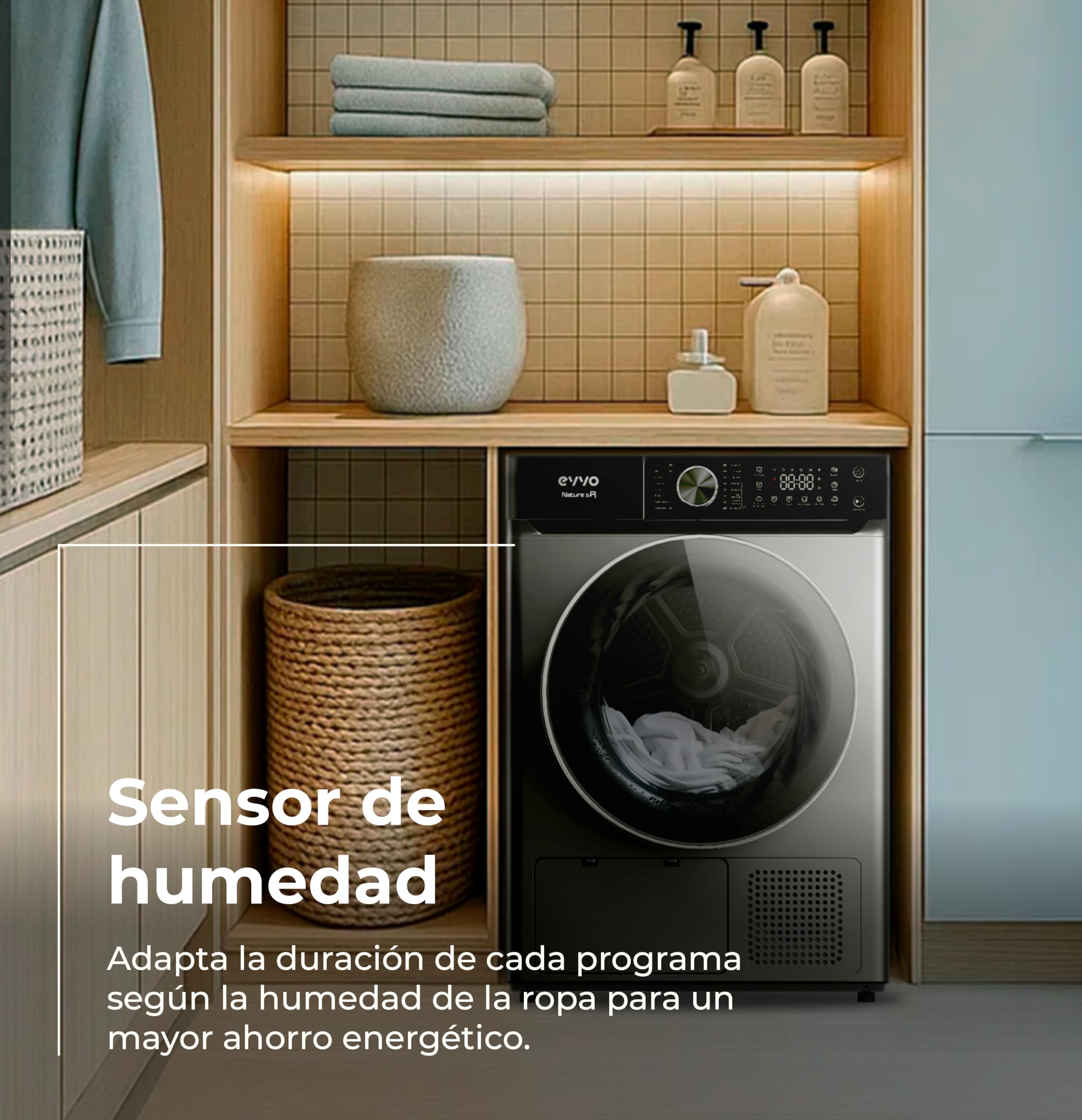 EVVO Secadora Bomba de Calor NATURE SR - Secadora Bomba Calor 10 kg, Eficiencia Energética E, Sensor de Humedad, Antiarrugas, 16 Programas, Inicio Diferido, Airfresh, Bajo Consumo Energético (Inox)