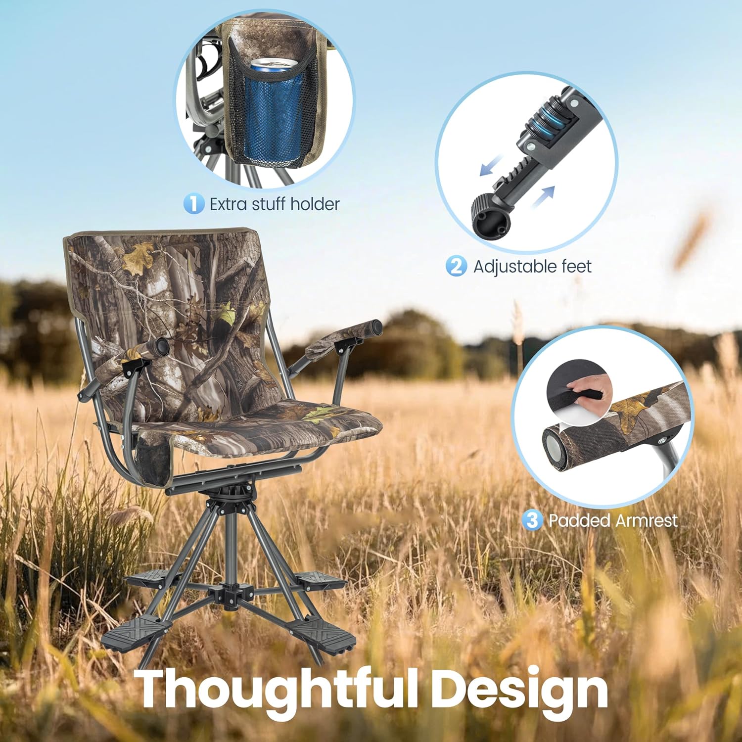 HIGH POINT SPORTS Hunting Chair for Blinds, 360 Degree Swivel Silent Portable Folding Hunting Blind Chair with Stable 4 Legs and Armrest for Hunting Fishing Camping - Image 9