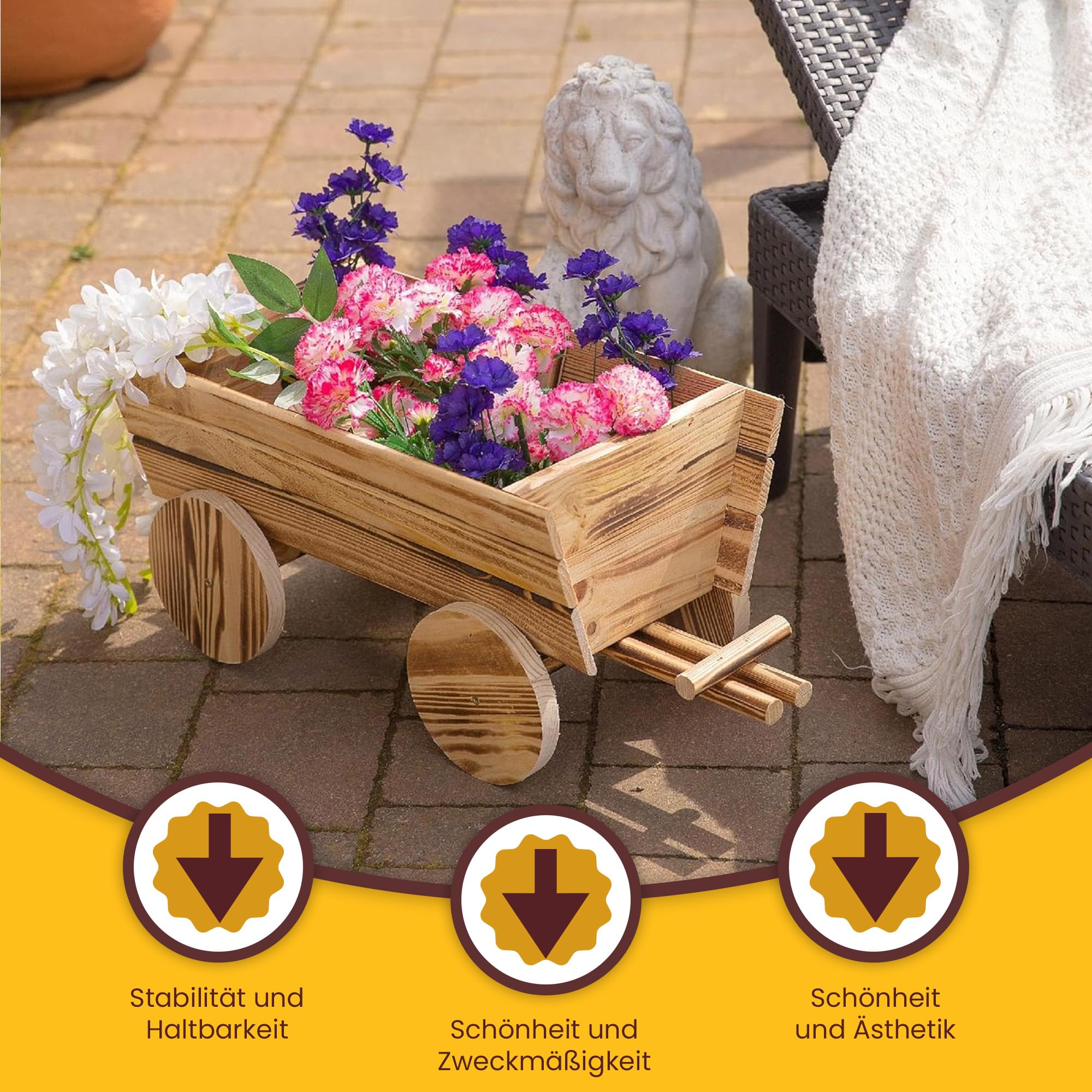 ECODECO Bollerwagen Holz Blumenständer für Draußen | Vintage Deko Garten Blumentopf Holz Outdoor Blumenwagen | Holzdeko Garten Blumenständer Balkon