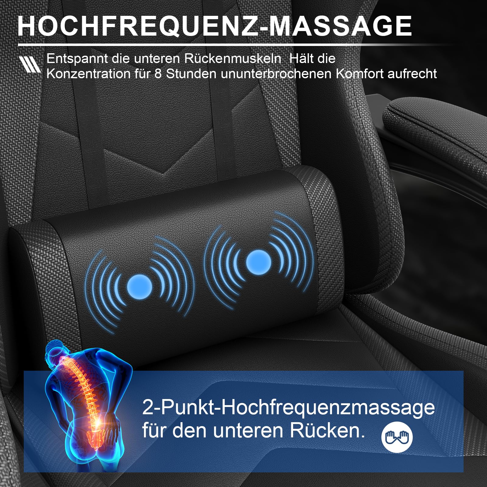Devoko Ergonomischer Gaming Stuhl mit Massagefunktion und ausziehbarer Fußstütze, verstellbare Rückenlehne 90-135°, Komfortabler Bürostuhl für Home Office, Computersessel 150kg Belastbarkeit, Schwarz