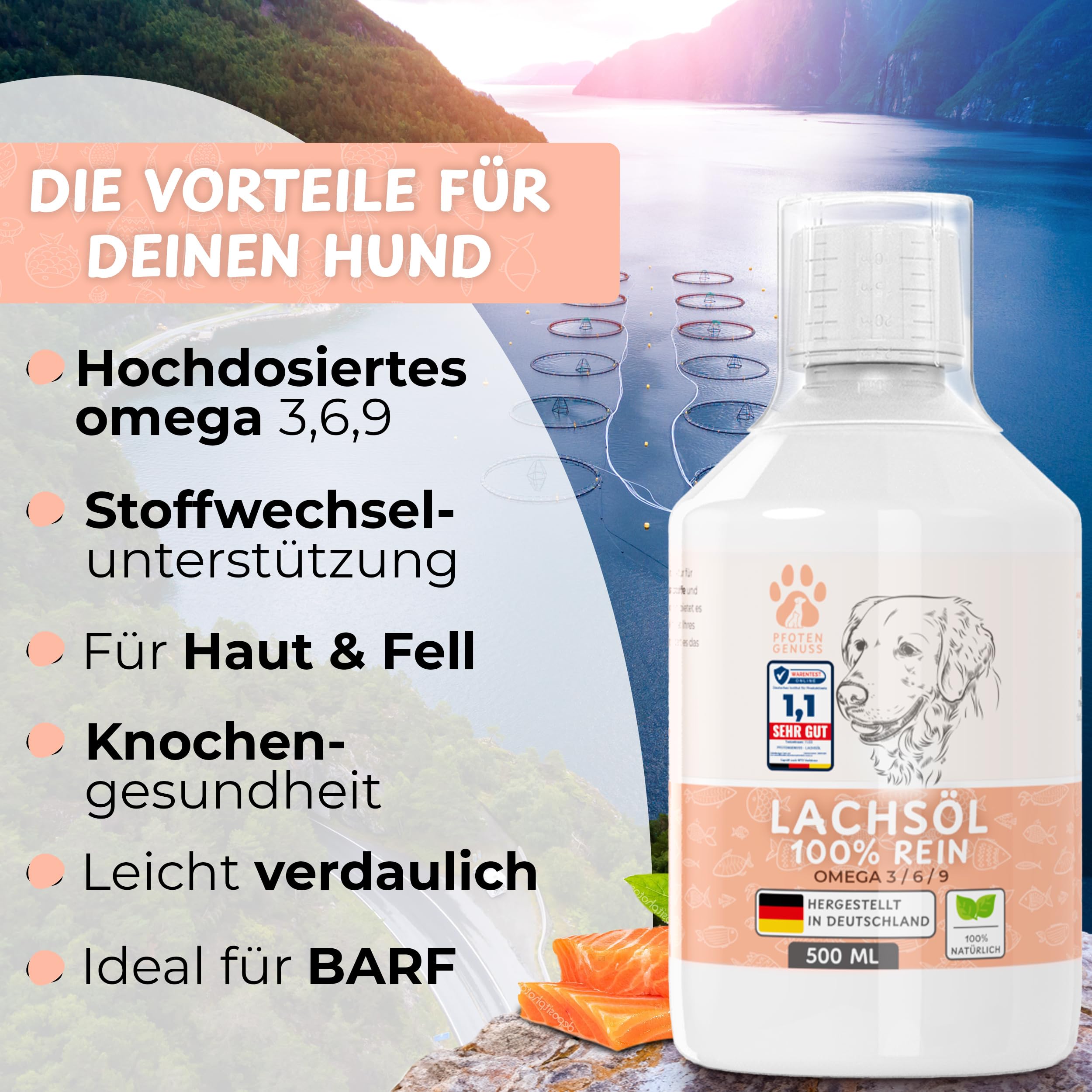 Lachsöl für Hunde Katzen &Pferde - natürliche Omega 3, 6 & 9 Quelle - für Gelenke Fell&Stoffwechsel - frisch abgefüllt in Deutschland - natürliches, hochdosiertes Lachs-Öl - Barf-Öl