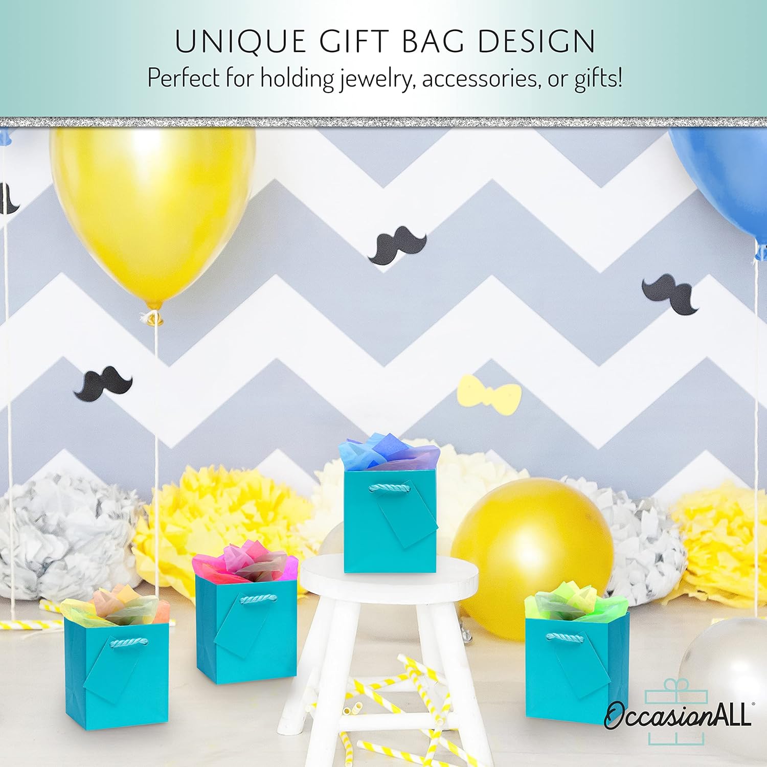 OccasionALL Teal Gift Bags with Handles, Teal Christmas Gift Bags, Medium Blue Gifting Party Supplies for Weddings, Birthdays, Holidays, Shopping, Party Favors, 4x2.75x4.5, 12 Pack - Image 3